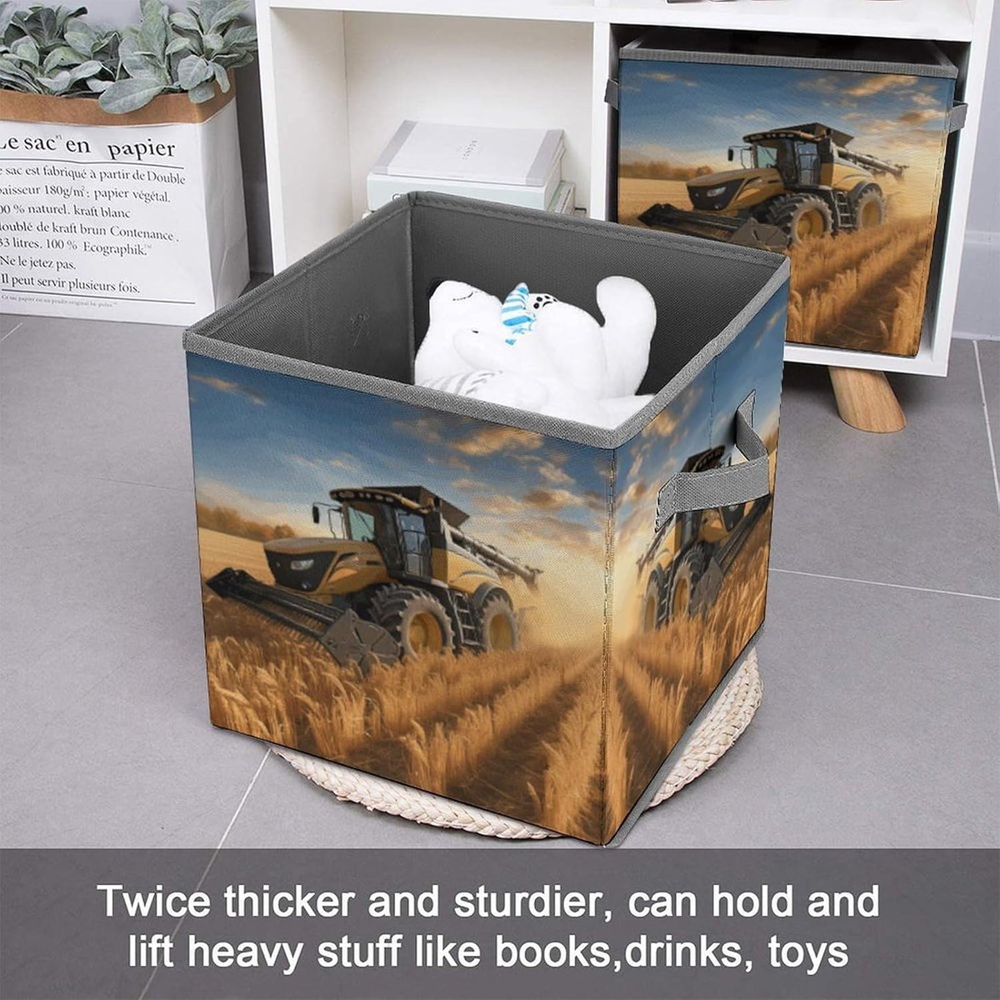 Farm Tractor Harvest Storage Bins with Handles Fashion Large Storage Cubes Sturdy Foldable Storage Boxes Space-Saving Storage Baskets for Home Office Clothes Closet Organizers