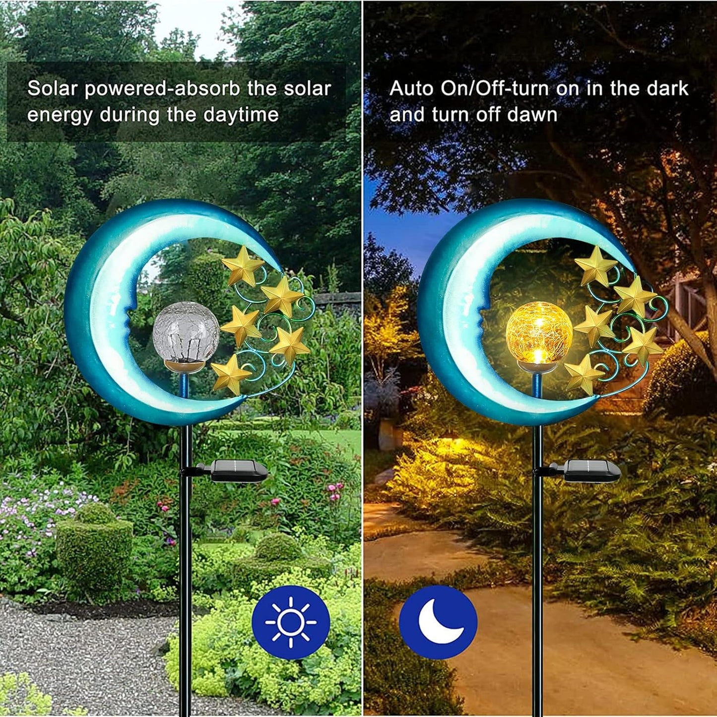Stars Moon Solar Lights Outdoor - Solar Powered Garden Lights Decorative Crackle Glass Globe Led Waterproof Landscape Lighting for Pathway,Yard,Lawn,Patio