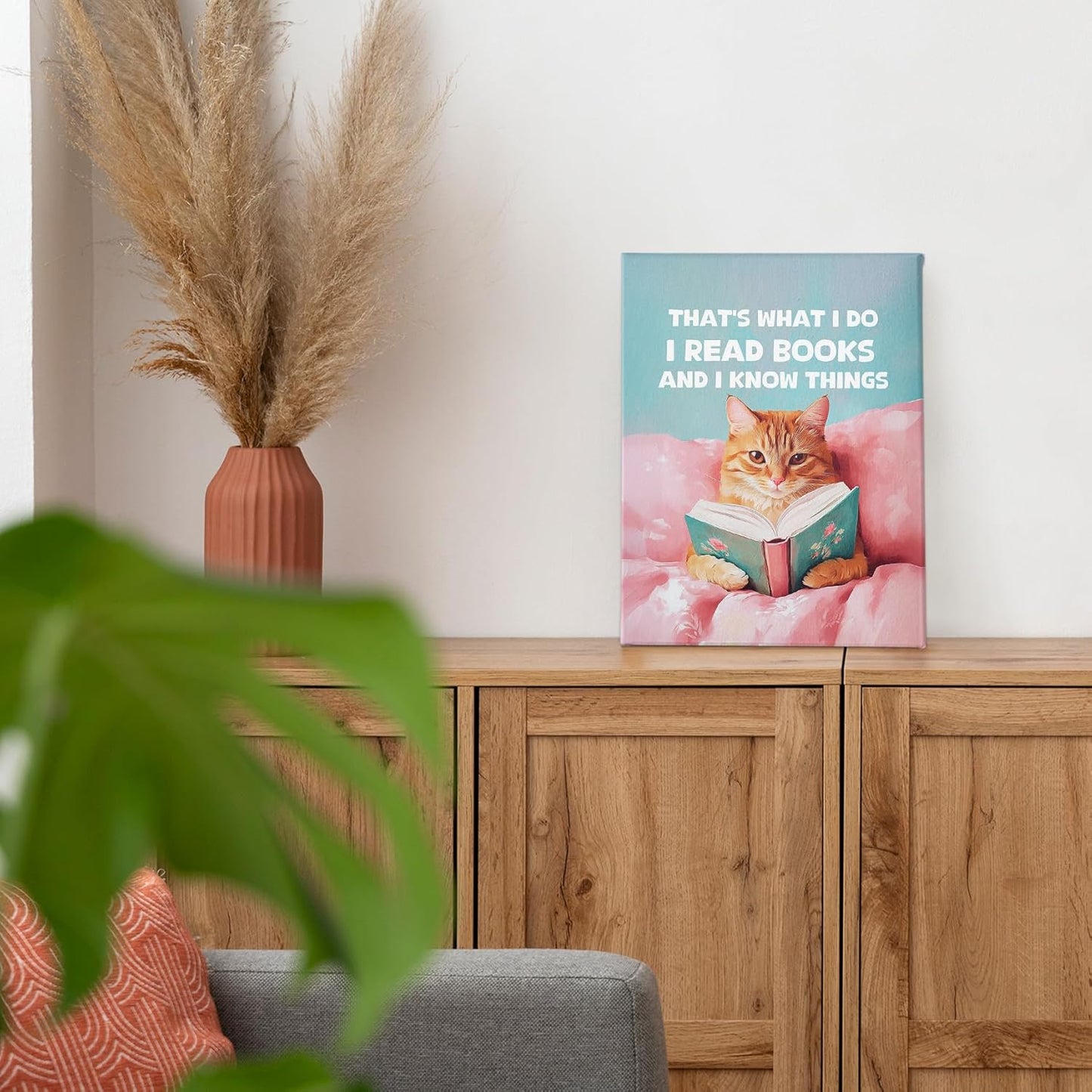 PHAMTE Funny Cat Reading Book Wall Art Decor Canvas 11x14, Orange Cat Bookworm Book Club Pictures Decorations, Bookish Pink Aesthetic Framed Prints Artwork for Reading Room Corner Nook Library Decor