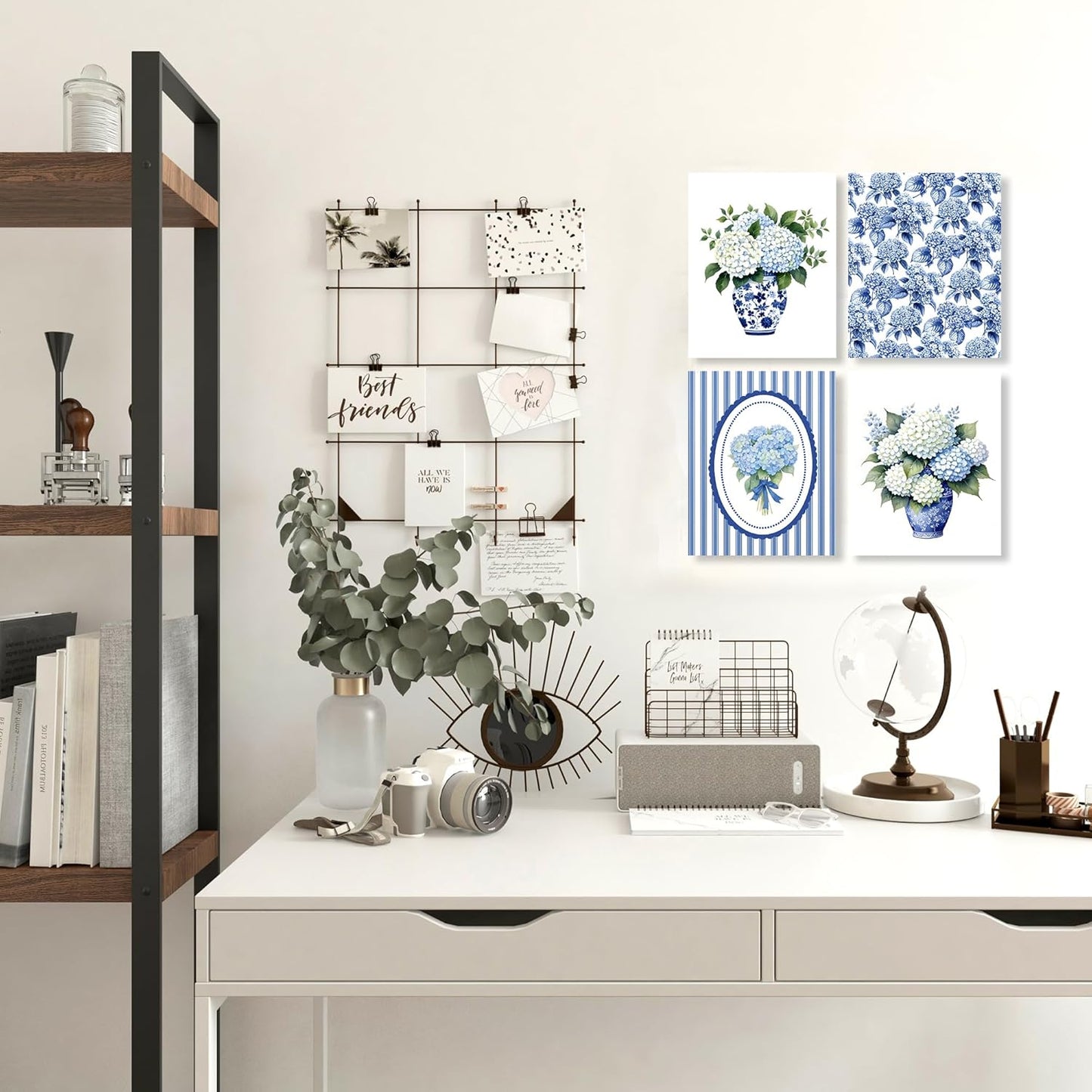 LUKIPOM Chinoiserie Hydrangea Floral Wall Art Posters Set of 4, Grandmillennial Home Decor, Blue and White Porcelain Hydrangea Flower Canvas Prints Artwork Wall Decor, 8x10 Unframed