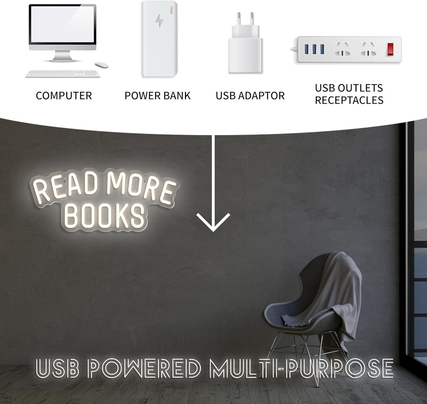 Read More Books Neon Sign Dimmable Book LED Light up Sign for Bedroom Bookstore Reading Room Library Museum Study Room Classroom Wall Decor USB Powered Kids Gifts (15"*6.3")