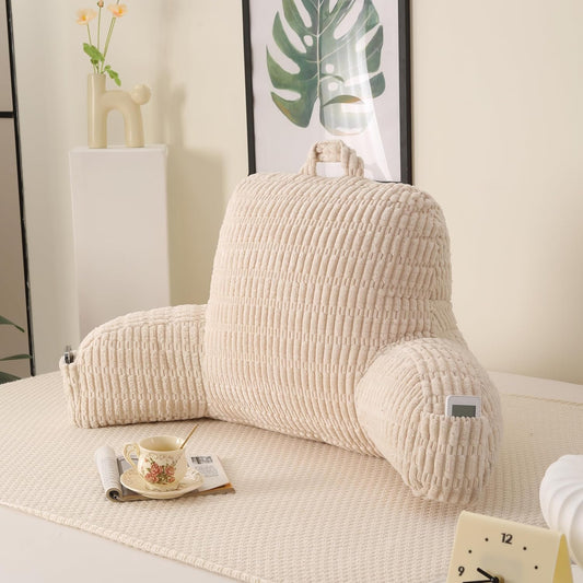 Reading Pillow for Sitting in Bed,Large Backrest Reading Pillow with Arm Rest,Back-Rest Support Cushion for Sit Up on Couch,Sofa,Floor,Dorm Essentials(Cream Corduroy,Large(19"))