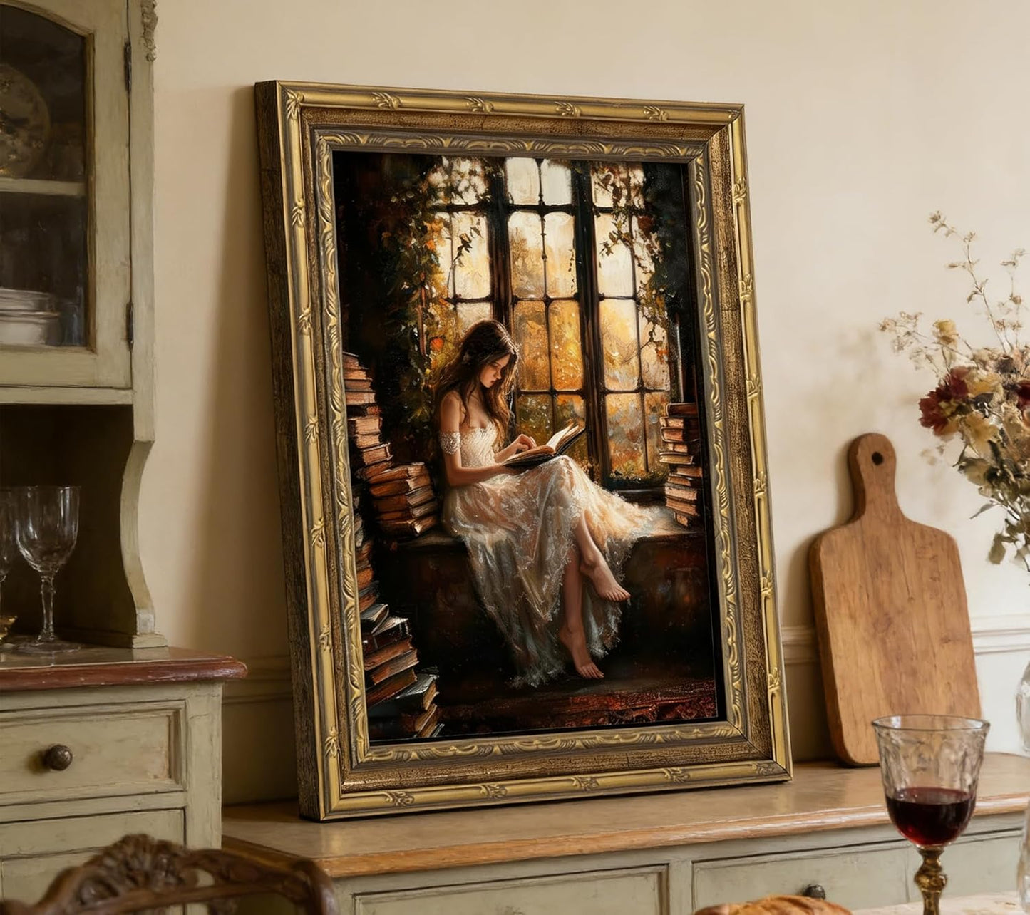 Gold Framed Canvas Wall Art, Vintage Woman Reading Book Painting Picture Wall Decor, Dark Victorian Preppy Poster Print Artwork for Bedroom, Living Room, Study Office, Home Decoration 9x11inch
