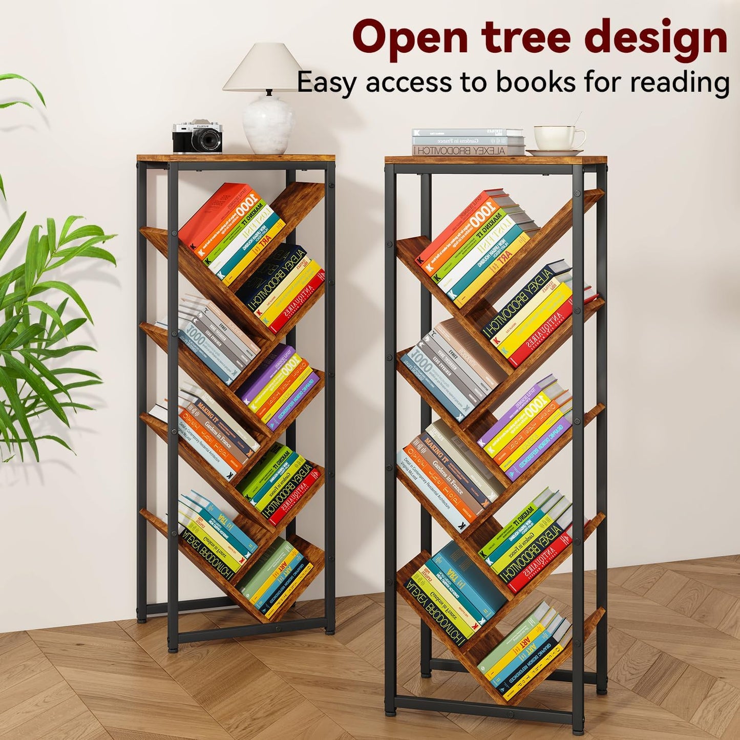 IBUYKE 9 Tier Tree Bookshelf, Floor Standing Wood Bookshelf for Narrow Space, Storage Organizer Bookcase for Books/CDs/Movies, Small Corner Bookcase for Bedroom Living Room,Rustic Brown,TBC002H