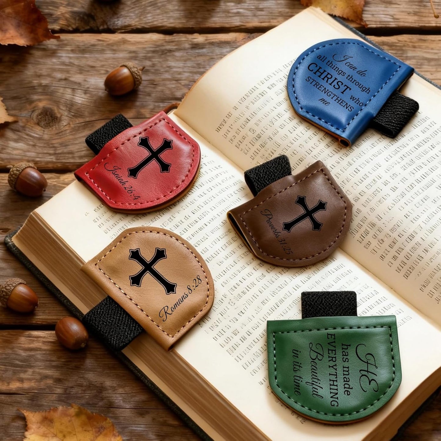 Bygone Mark Personalized Magnetic Leather Bookmark with Pen Holder - Inspirational Bible Verse Scripture Design, Custom Book Marker for Book Lovers Men Women (Brown-Philippians 4:13)