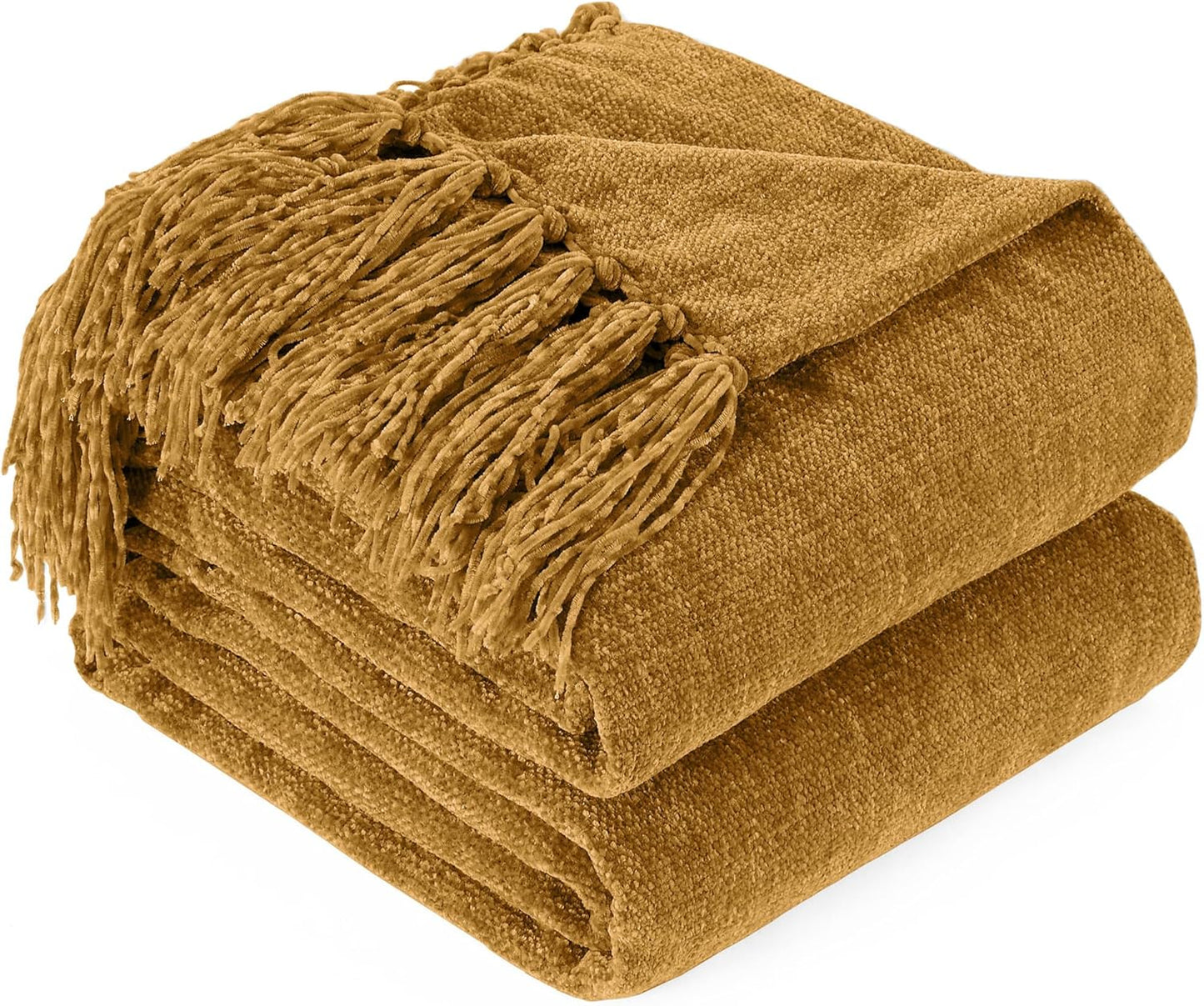 Chenille Throw Blanket for Couch with Tassels,60"X80" Soft Cozy Lightweight Knitted Boho Decorative Blankets for Bed and Sofa,Yellow