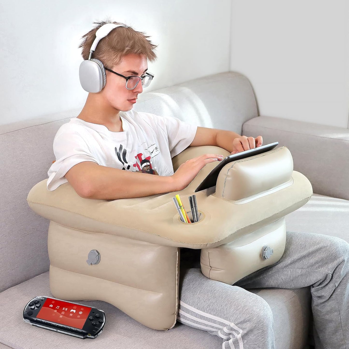 Inflatable Reading Pillow for Lap Rest Pillow Portable for Adult Extra Large Arm Rest Travel Sofa Working, Crocheting Playing Steam Deck Switch or Sitting in Bed Floor Car Tent