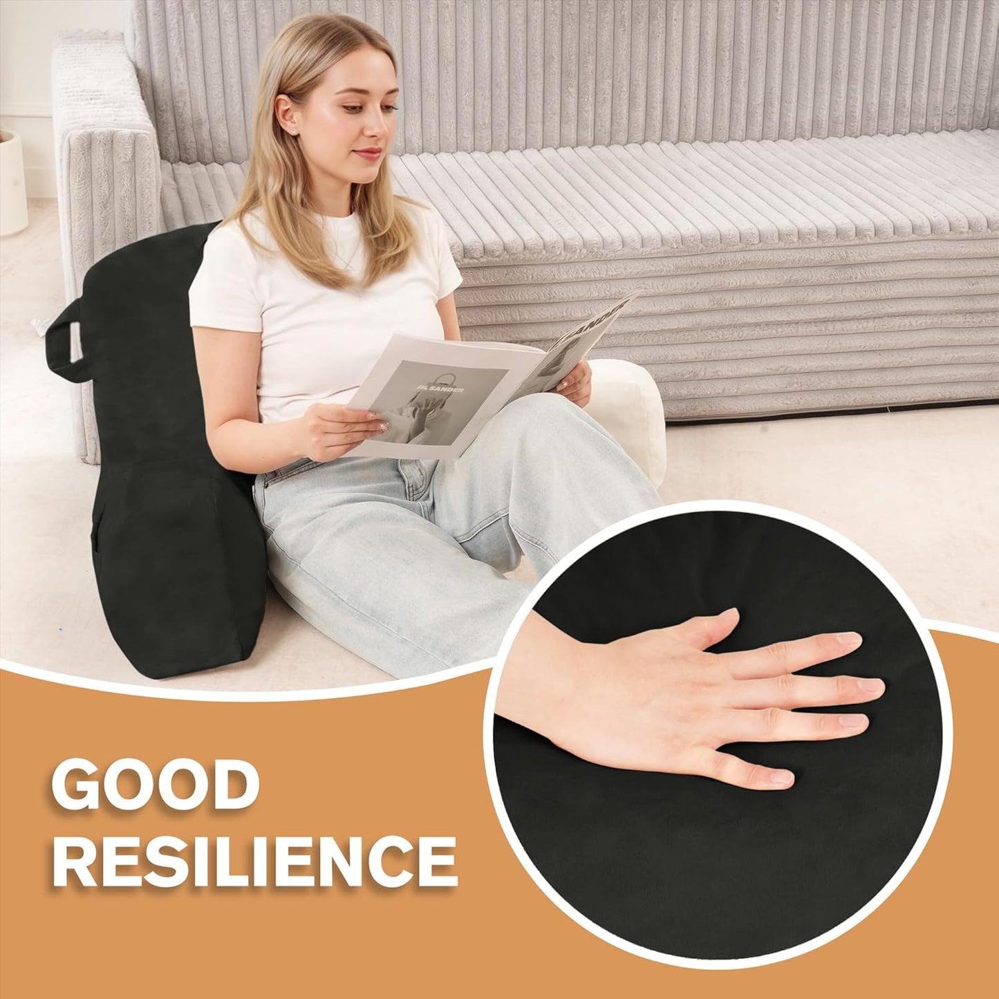 Portable Comfy Reading Pillows for Bed Sitting Up(Grey Oeko-Tex), Velvet Back Pillow with Arms & Pockets for Adults, Support Memory Foam Bed Pillow for Dorm/Reading/Watching/Gaming
