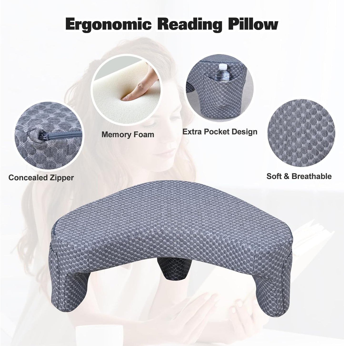 Reading Pillow with 2 Side Pockets,Arm Rest Pillow for Loptop,Memory Foam Reading Pillows for Gaming,Working, Crocheting,Removable and Washable Cover,Unique 3-Leg Design for Enhanced Stability