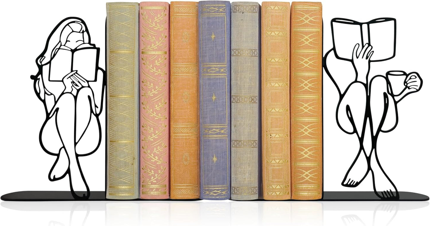 Reading Bookends Decorative for Shelves - Girl Reading Statue Bookends, Metal Black Book Ends Decor for Heavy Books, Novelty Bookish Decor for Home Library, Book Lovers Gift for Women & Students