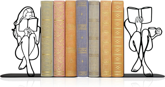 Reading Bookends Decorative for Shelves - Girl Reading Statue Bookends, Metal Black Book Ends Decor for Heavy Books, Novelty Bookish Decor for Home Library, Book Lovers Gift for Women & Students