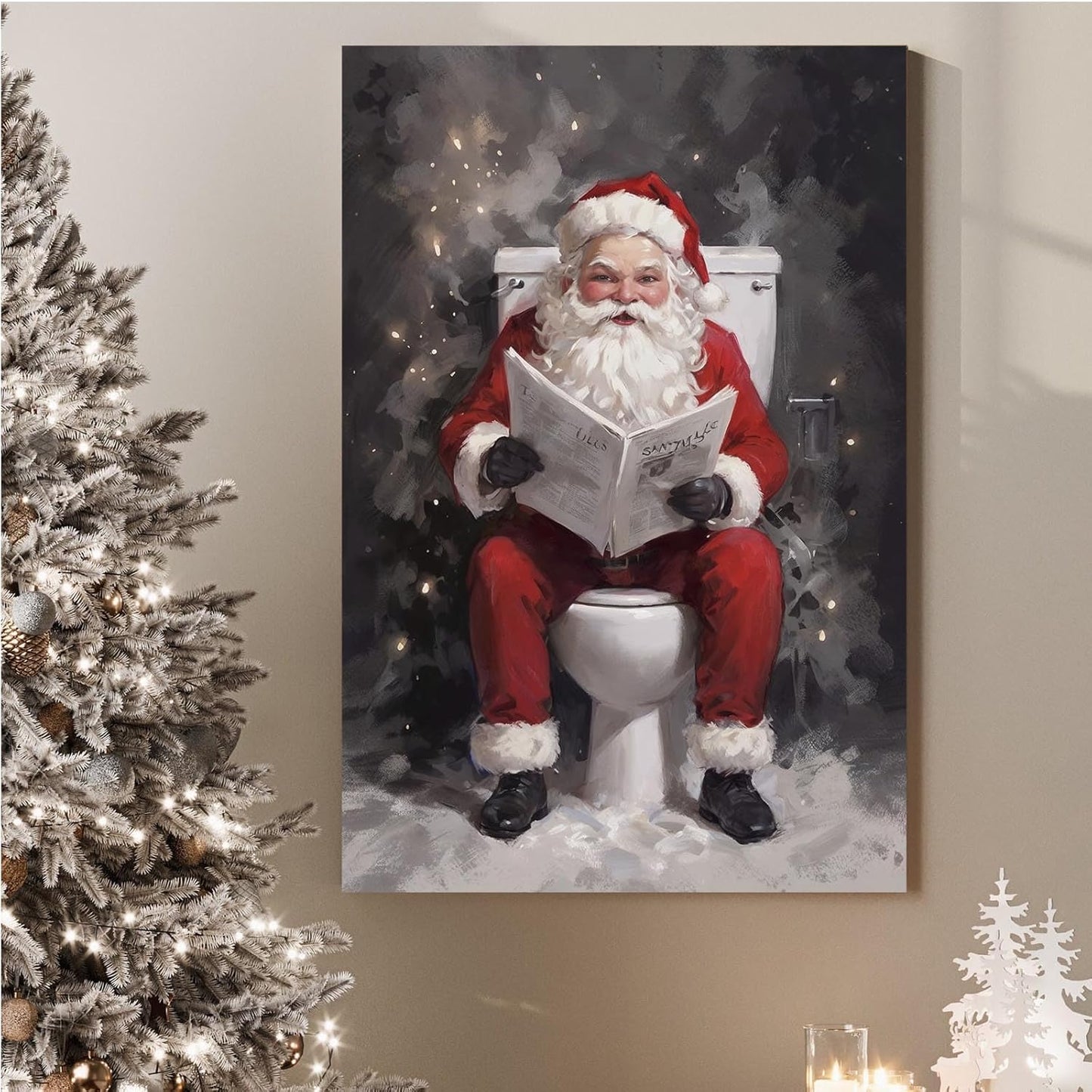 Funny bathroom wall decor Santa Claus going to toilet and reading newspaper art print bathroom wall art farmhouse wall decor canvas wall art for bedroom christmas posters