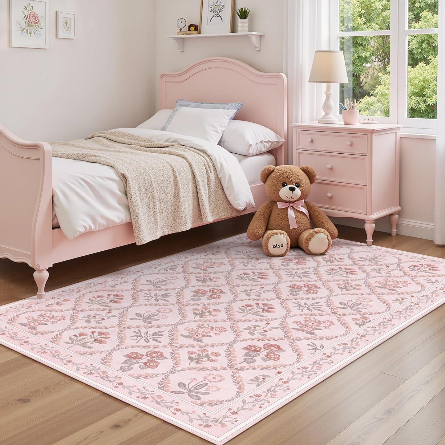 Pink Rug for Office Under Desk Rolling Chairs 4x6 Small Classroom Rug Reading Corner,Washable Boho Floral Hardwood Floor Mat for Baby Nursery Bedroom Living Room Kitchen Dinning Room