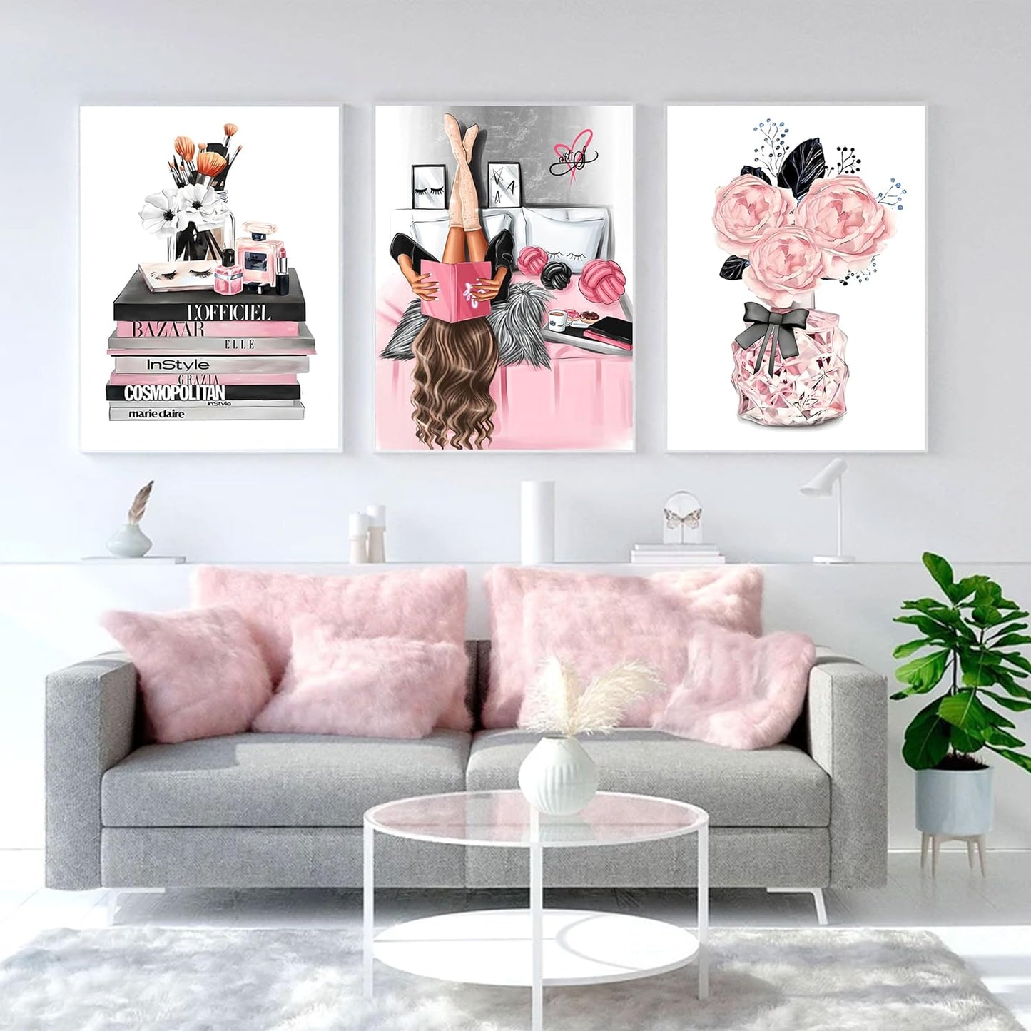 3Pcs Pink Trendy Girls Canvas Wall Art Pictures Fashion Girl Reading Book Posters Print Stylish Delicate Bathroom Bedroom Makeup Room Beauty Room Wall Decor 16x24in Unframed