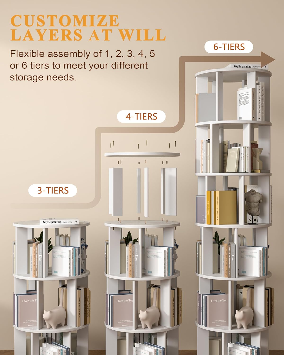 Rotating Bookshelf, 4-Tier Solid Wood Spinning Bookcase with Wheels, 360° Revolving Bookshelf Tower with Lockable Casters, Compact Round Book Tower for Kids Room, Bedroom, Small Space, White