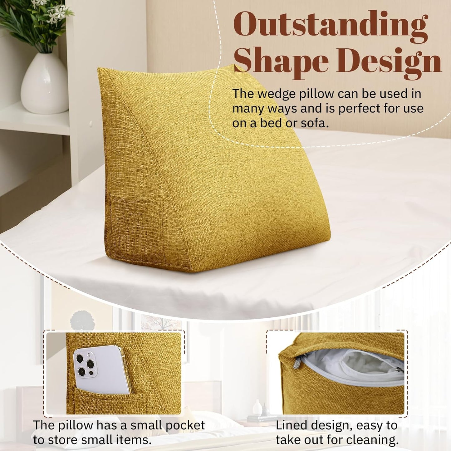 Wedge Pillow Headboard Reading Pillow Triangular Backrest Support Pillow for Sitting in Bed Positioning Support Pillow for Sofa Daybed Removable Cover