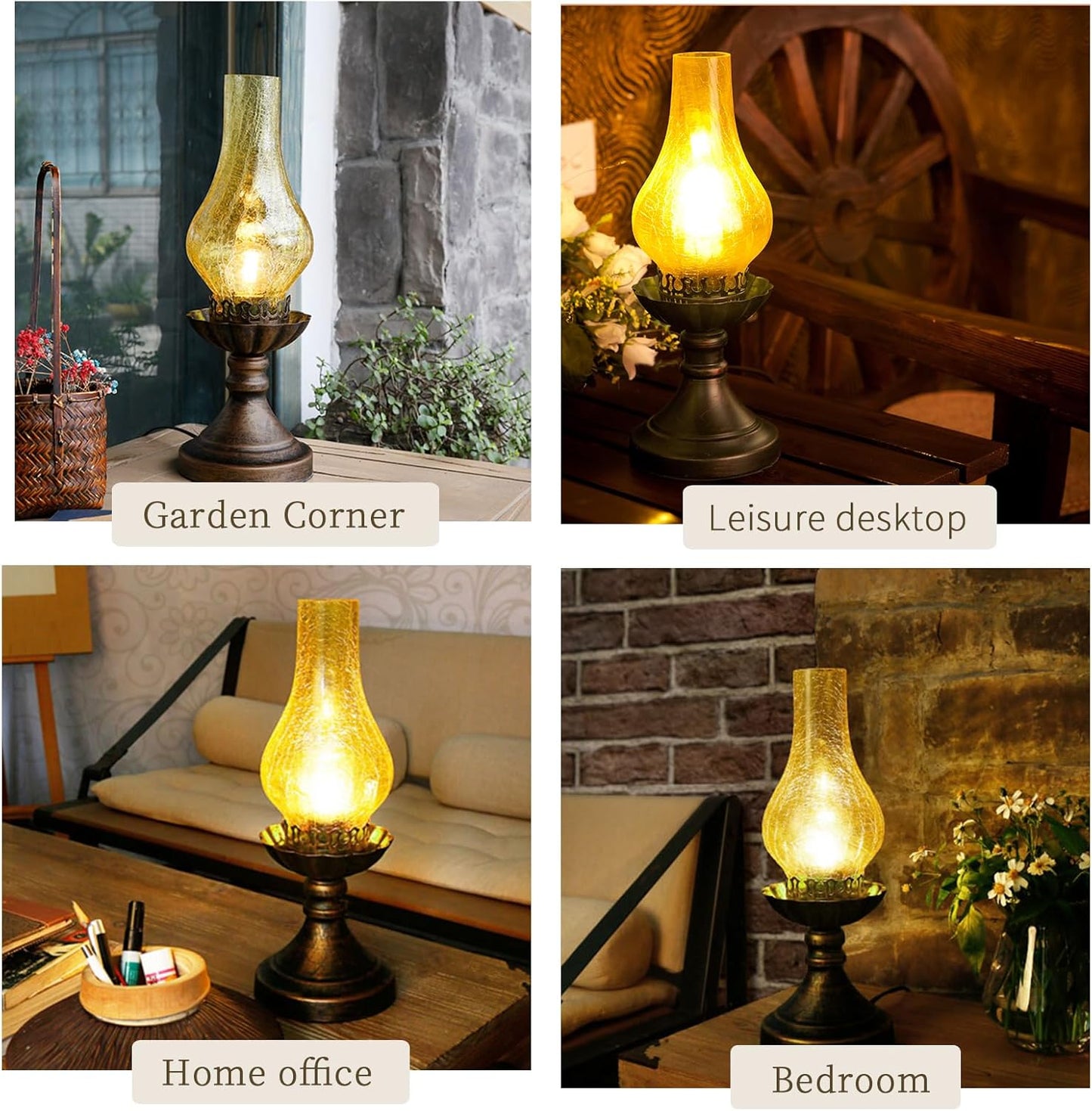 Medieval Vintage Antique Bedside Hurricane Table Lamp，Victorian Retro Amber Glass Lanterns Desk Lamp-Brown Antique Copper