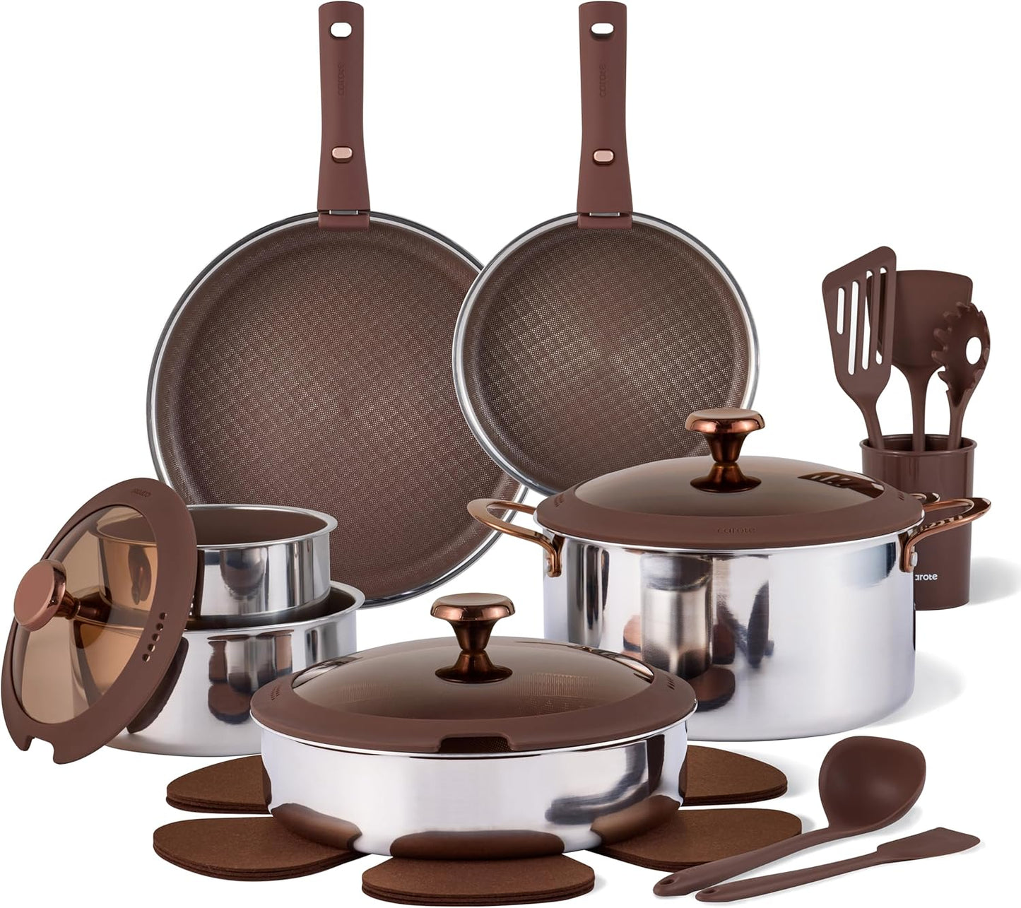 CAROTE 22PCS Stainless Steel Cookware Set with Detachable Handle, Ceramic Hybrid Nonstick Pots and Pans Set, Stackable Kitchen Cookware Set, Induction Safe, Oven Safe, Brown
