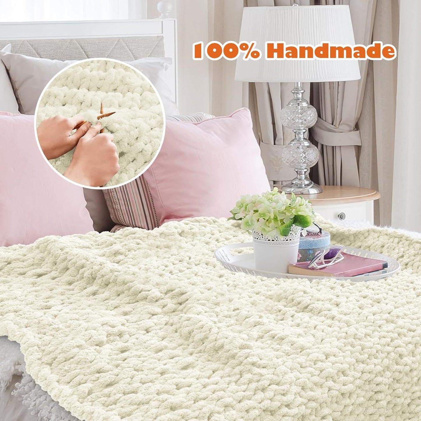 Chunky Knit Blanket Throw, 60x80inch Soft Chenille Yarn Throw, Handmade Warm Thick Cable Knit Crochet Blanket, Large Rope Knot Throw Blanket for Couch Bed Sofa,White