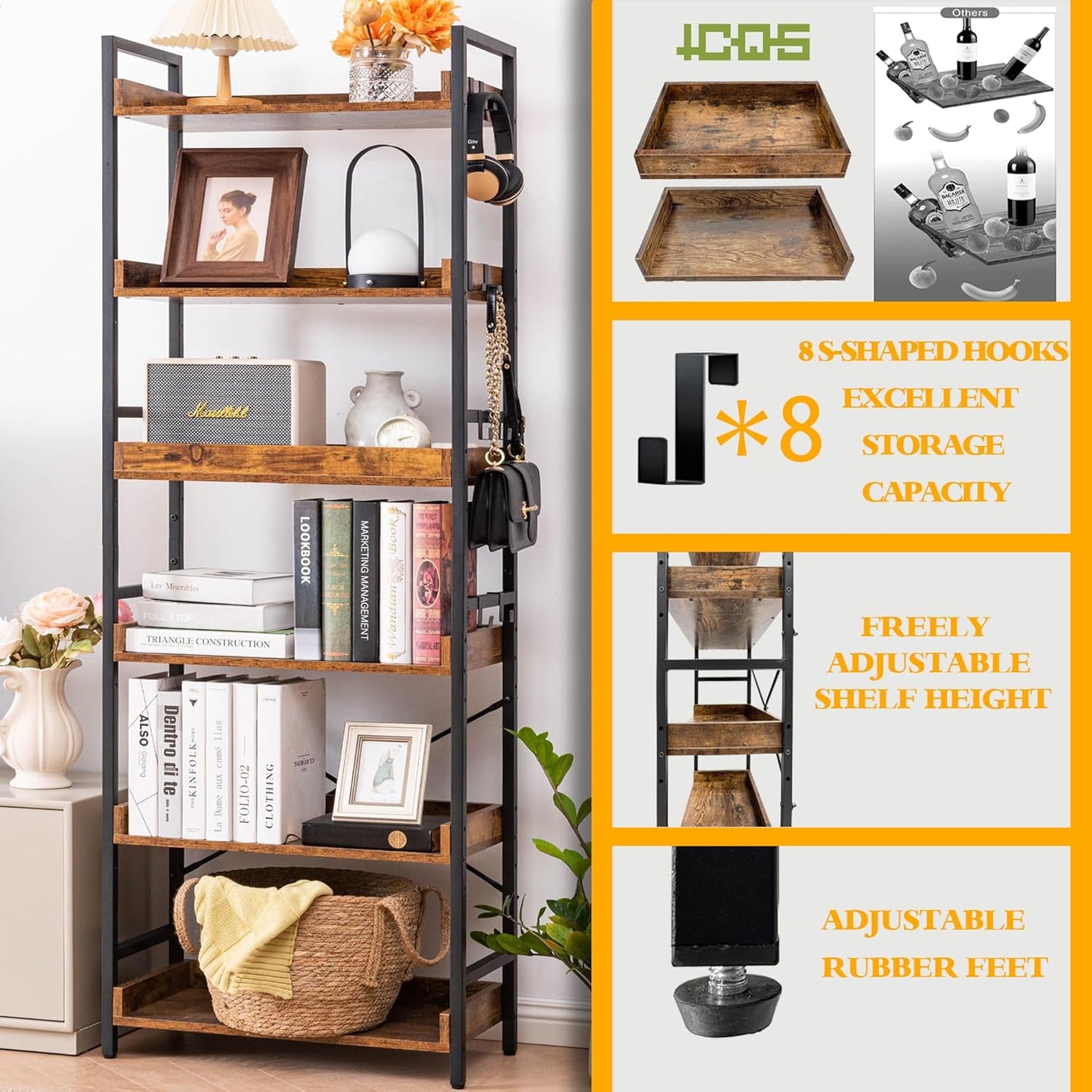 6-Tier Adjustable Open Bookcase — Industrial Wood & Black Metal, Rustic Farmhouse
