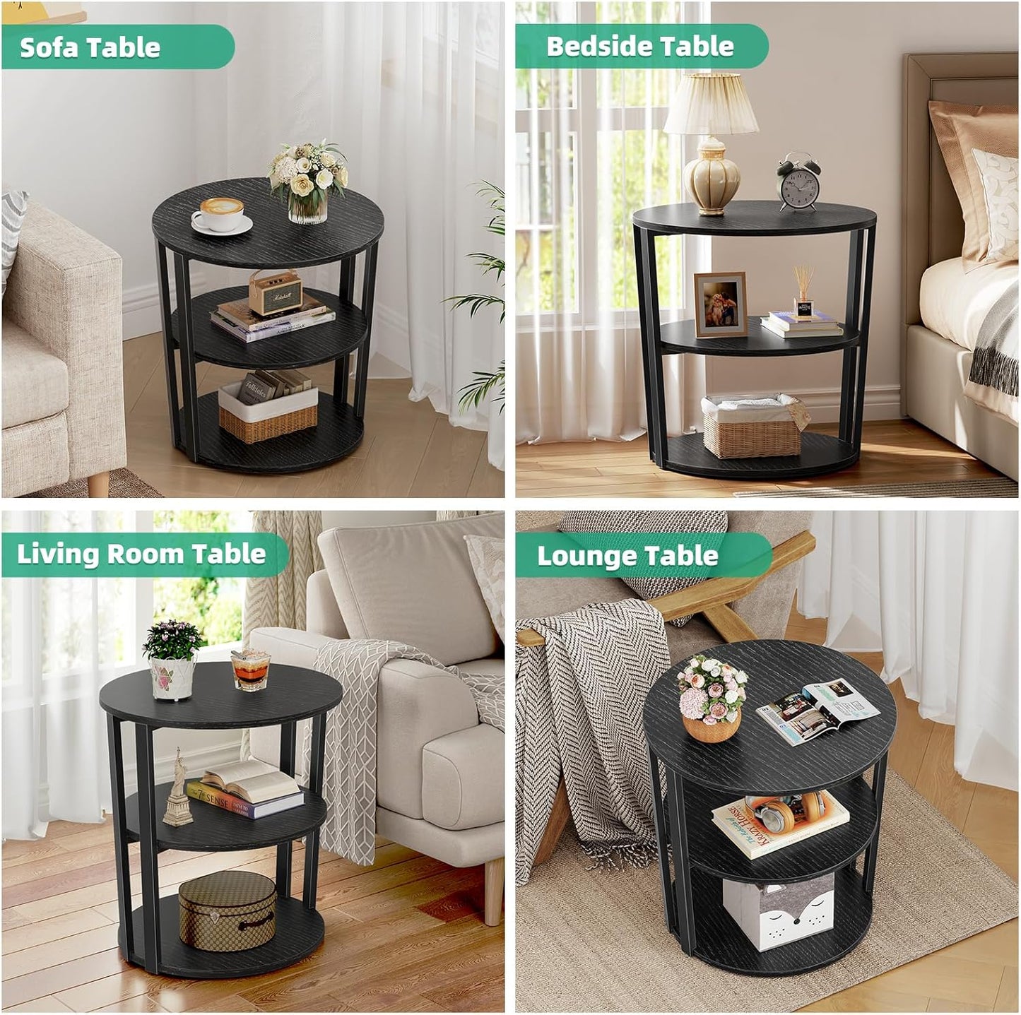Round Side Table, 3-Tier Rotating Side Table, Big Shelf End Table Living Room with Lazy Susan, Nightstand for Small Spaces Living Room Bedroom Sofa, Pure Black