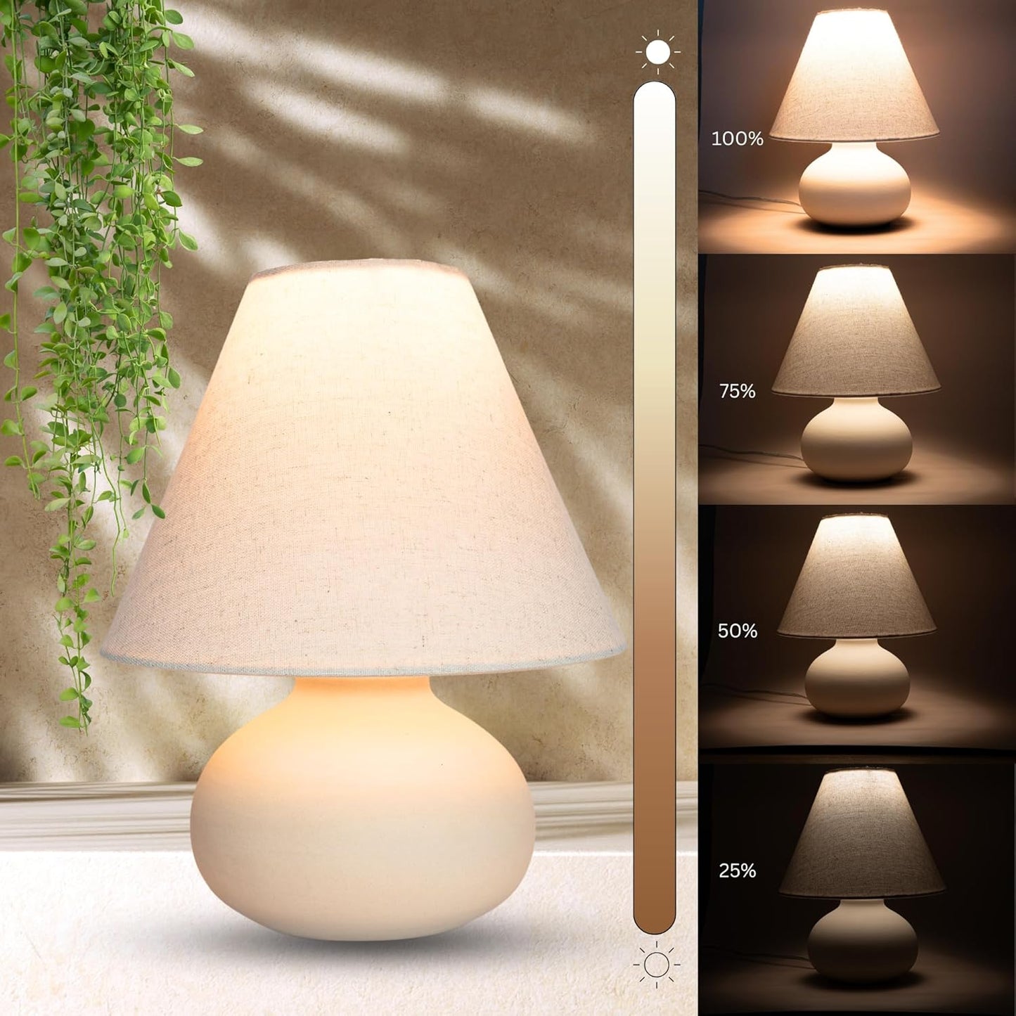 11" Small Table Lamp – Handmade Round Ceramic Cream Base with Off-White Fabric Shade, Dimmable Plug-in Nightstand or Accent Light – Organic Boho Japandi Decor for Bedroom or Small Spaces