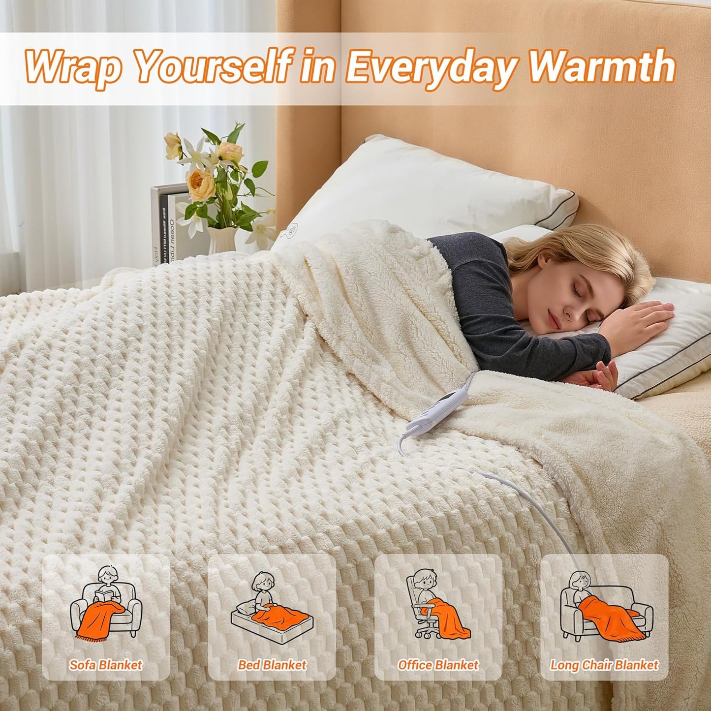 GarveeHome Heated Blanket Electric Blanket Queen Size 84 in x90 in, w/Dual Control,10 Heating Levels & 10 Hours Auto Shut Off, Cozy Soft Fleece Fast Heating Blankets Gift, Machine Washable,Beige