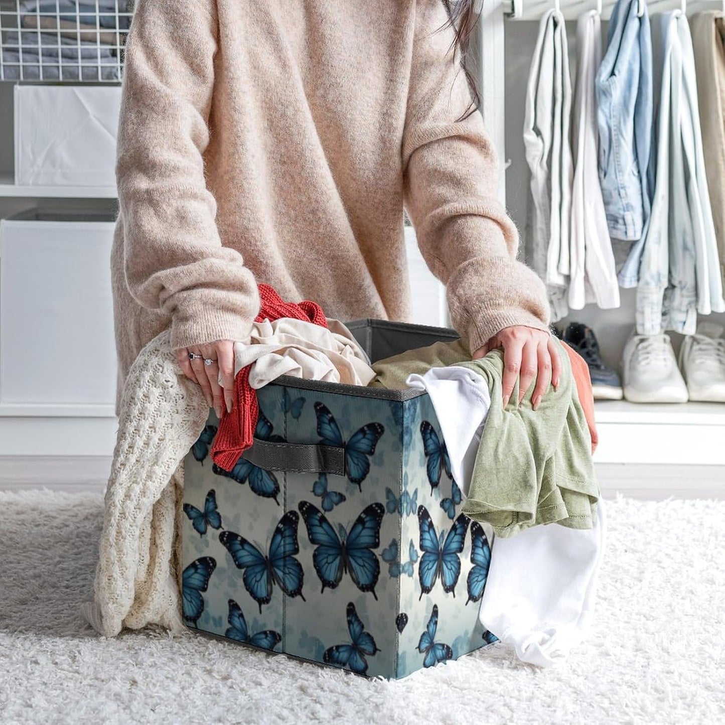 Blue Butterfly Storage Bins with Handles Fashion Large Storage Cubes Sturdy Foldable Storage Boxes Space-Saving Storage Baskets for Home Office Clothes Closet Organizers