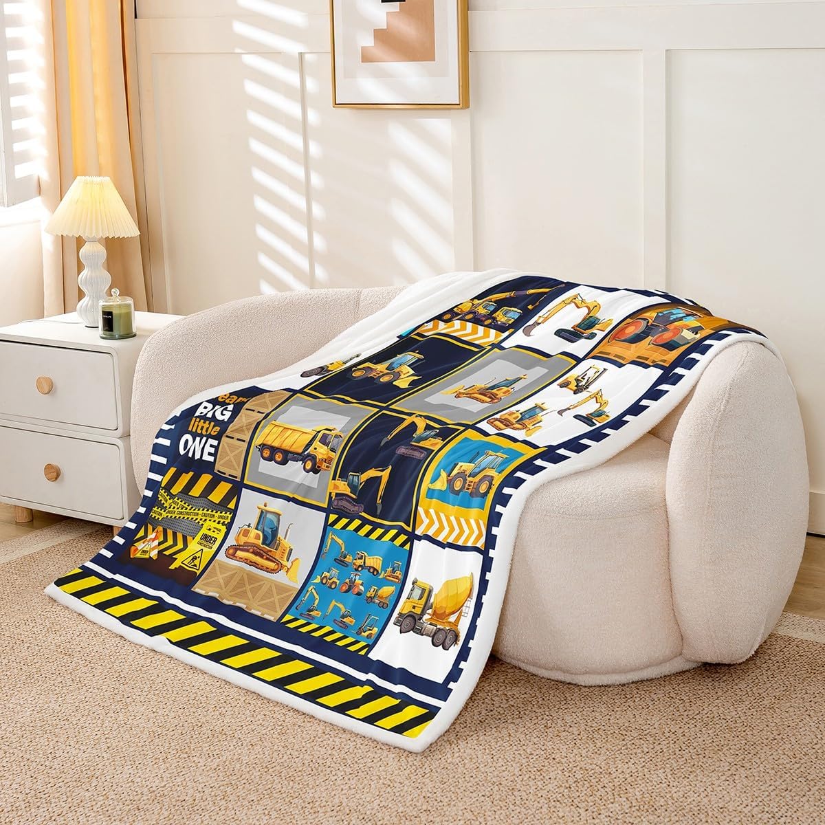 Excavator Throw Blanket for Boys Child, Equipment Truck Tractor Blanket, Cartoon Crane Cement Mixer Bulldozer Fleece Blanket 40"x50", Geometric Patchwork Bed Blanket Big Wheel Car Kids Car Room Decor