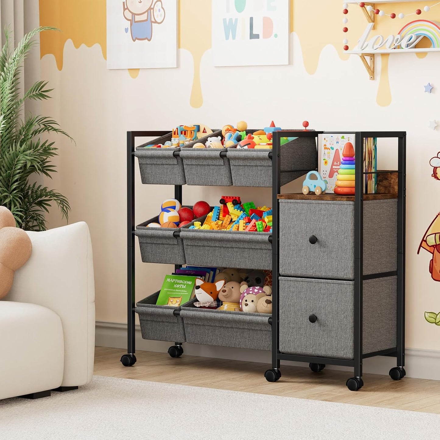 Kids Toy Organizers and Storage Bins - 7 Storage Bins + 2 Fabric Drawers + 1 Bookshelf, Playroom Storage, Mobile Cart Organizer for Toy, Clothes, Blankets and Books - Black