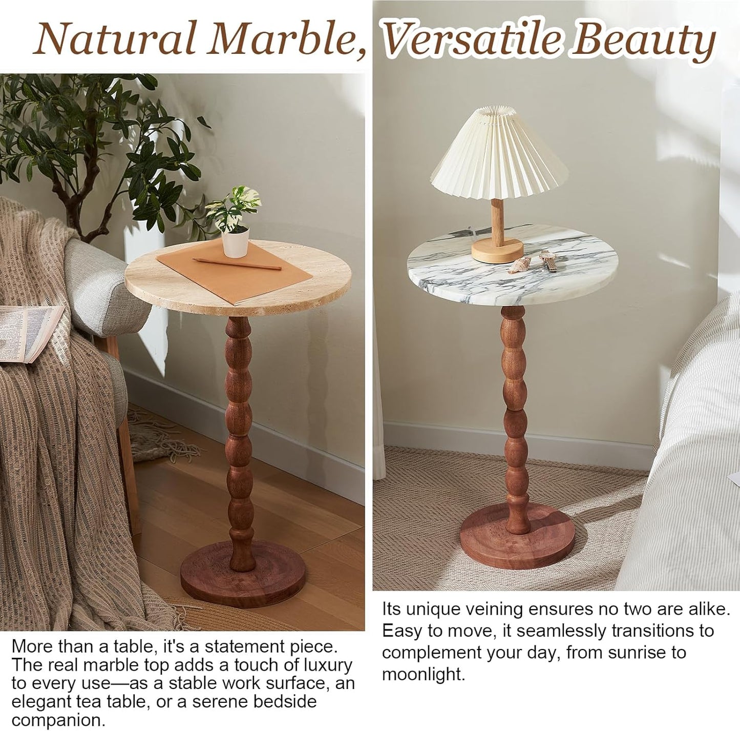Round End Table, Modern Accent Table with Base, Marble Top & Solid Wood Legs for Living Room, Bedroom, Office (Pink,Big