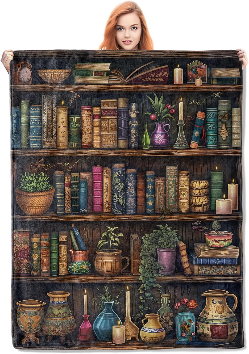Vintage Bookshelf Blanket, Reading Fleece Throw with Antique Books and Decor, Soft Cozy Lightweight Blanket, for Book Lovers, Graduation Gift,50x60 in