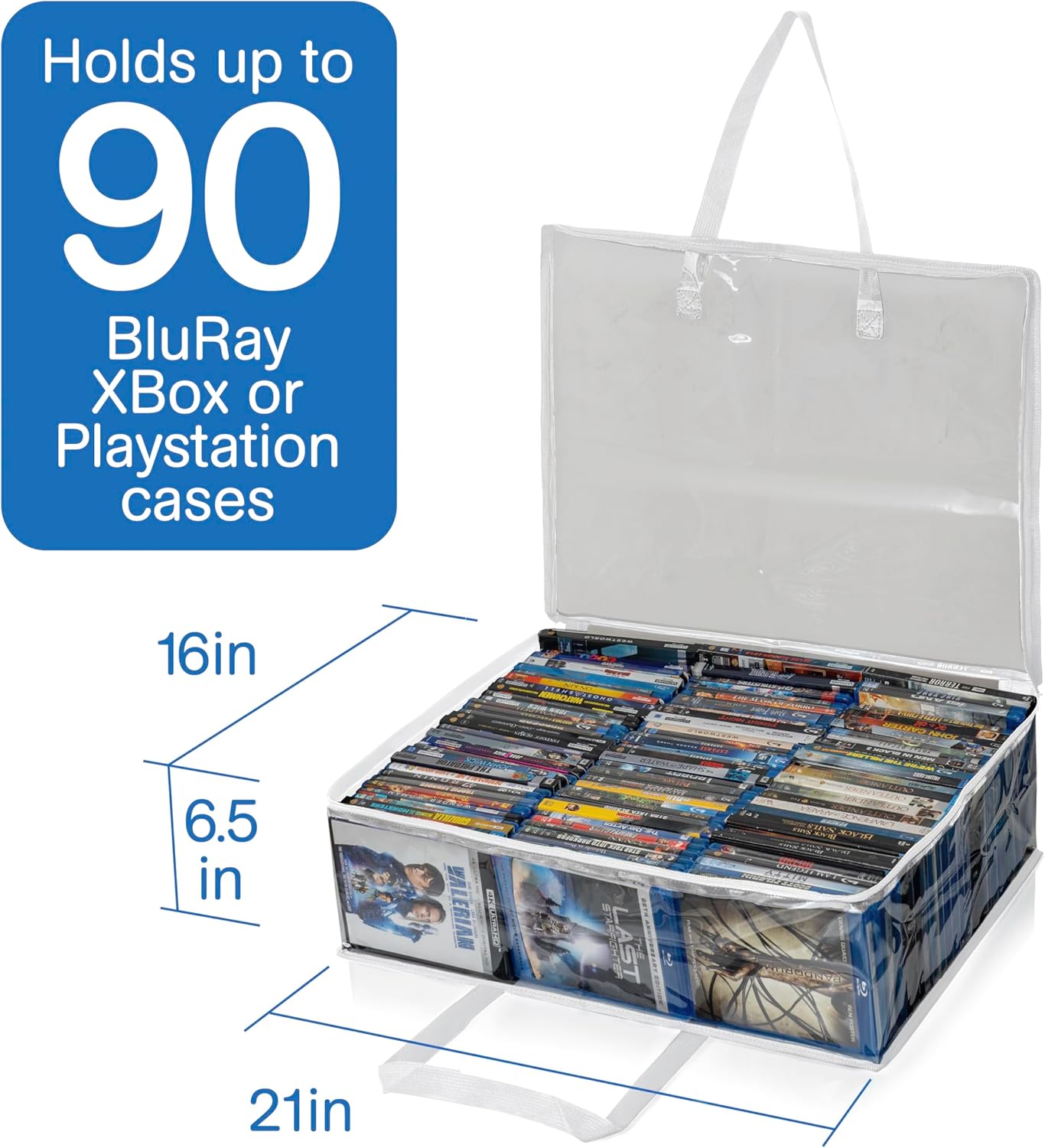 Besti Blu Ray Case Holder Organizer, Set of 2 Clear Plastic Bags with Handles for Storing Blurays, DVDs, CDs, Storage Bags for Video Game Cases, Holds Up To 90 Bluray and 60 DVD Cases (White)