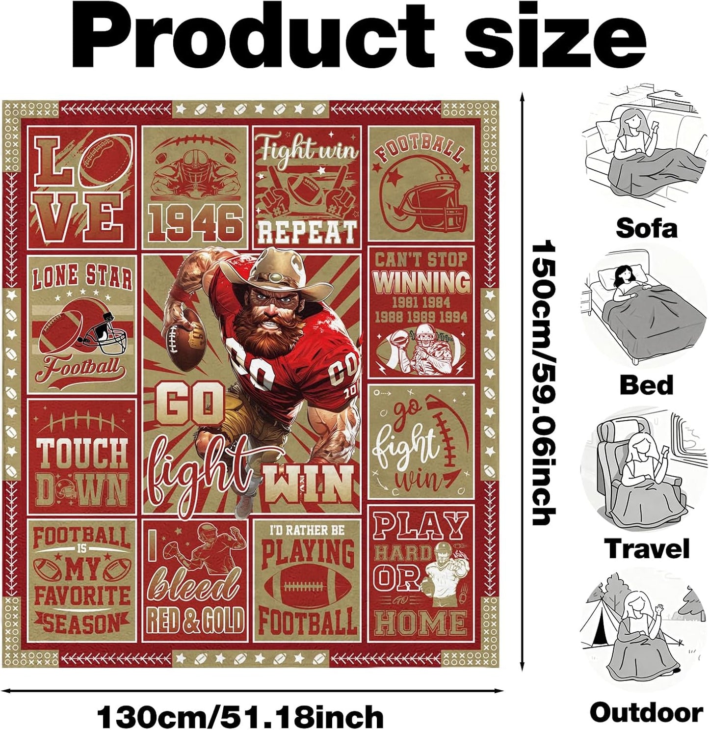 Red Football Throw Blanket, American Rugby Cozy Flannel Plush Blanket, City Football Lovers Fan Gifts for Men Women Sport Team Game Party Support Sofa Bed Blankets 50'' x 60''