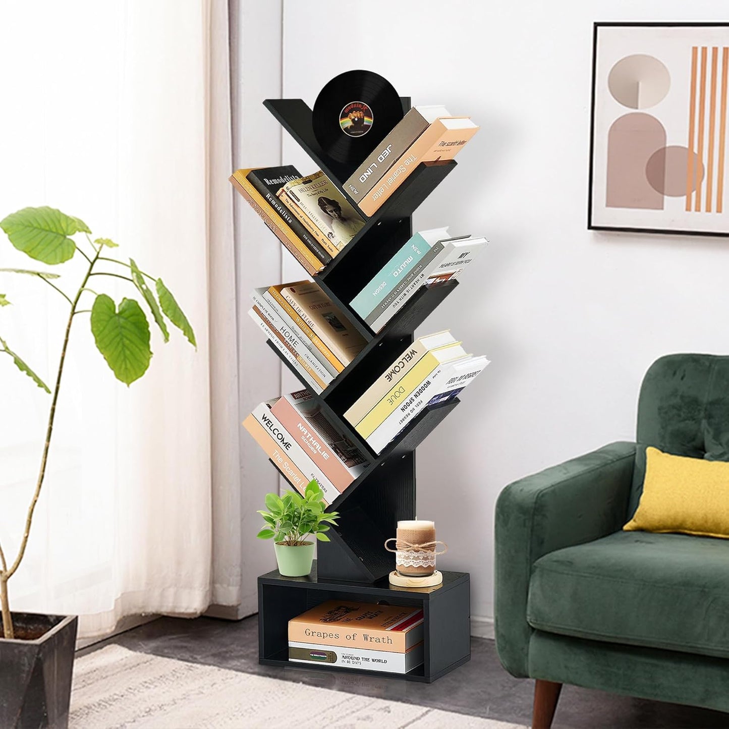 6 Tier Tree Bookshelf, Tall Narrow Wooden Bookcase with Drawer and Storage Cabinet, Freestanding Small Book Shelf Organizer for Bedroom, Living Room, Home Office, Black Display Shelf