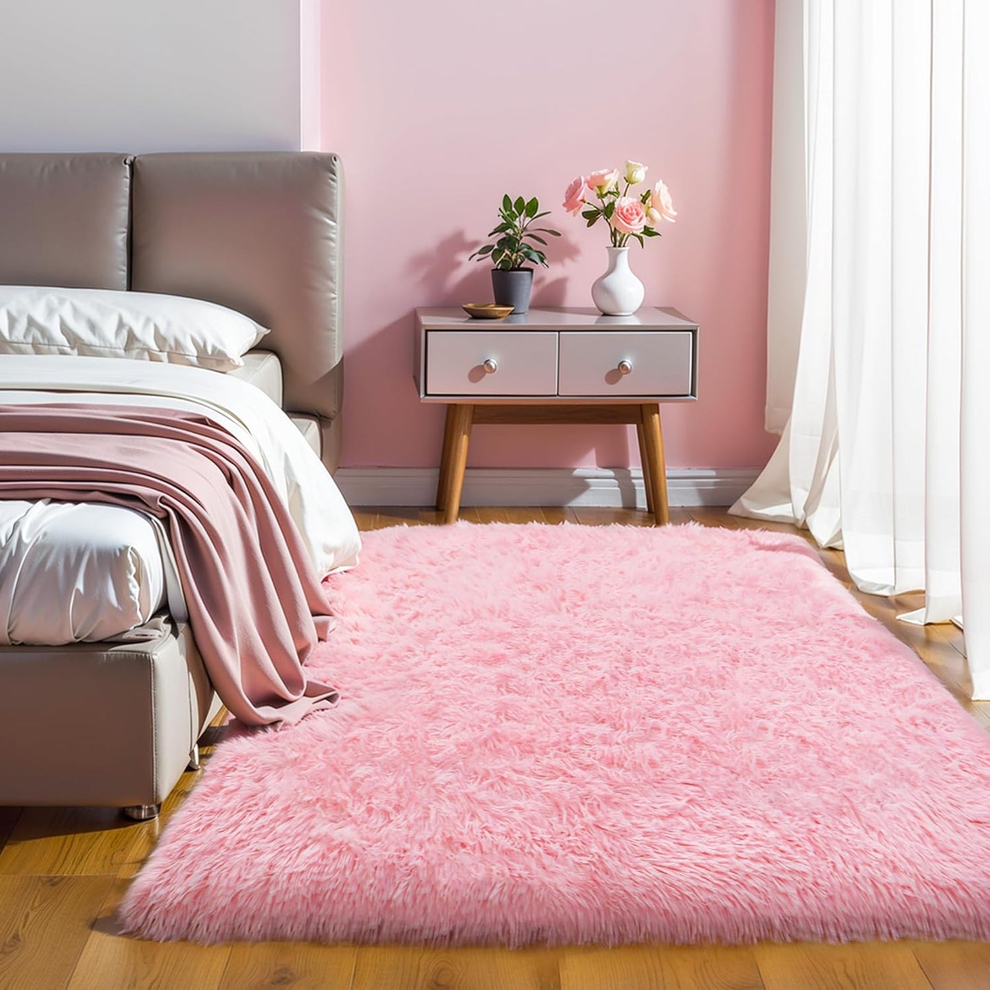 Thick Area Rug 5x7 Pink Fluffy Shag – Ultra Soft Plush Fuzzy Washable Thickened Non-Slip Fuzzy Carpet for Girls Bedroom Living Room, Modern Furry Shaggy Rug for Kids Nursery Boys Dorm Room