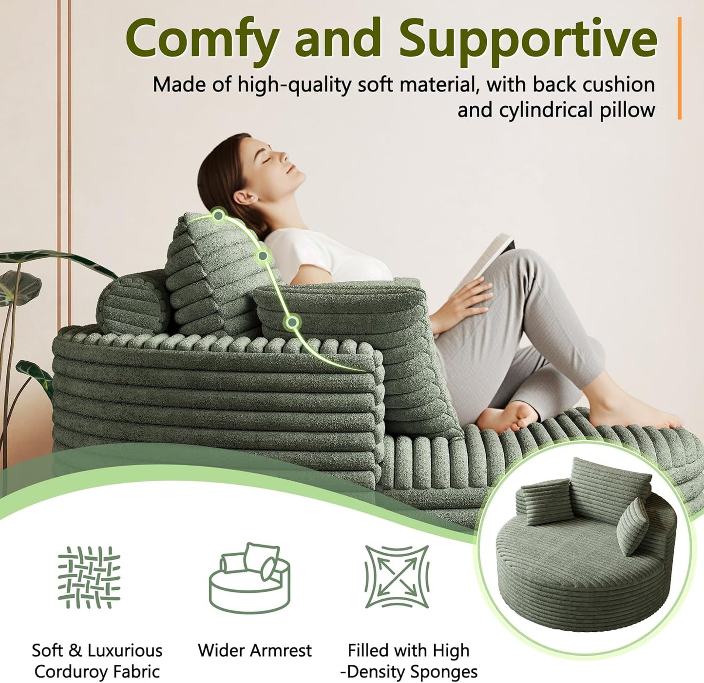 50" Oversized Round Chair Lounge Chaise Indoor, Modern Upholstered Corduroy Cloud Circle Chair with Deep Seat, Comfy Fluffy Sleeper Sofa for Reading, Living Room, Bedroom, No Assembly, Green