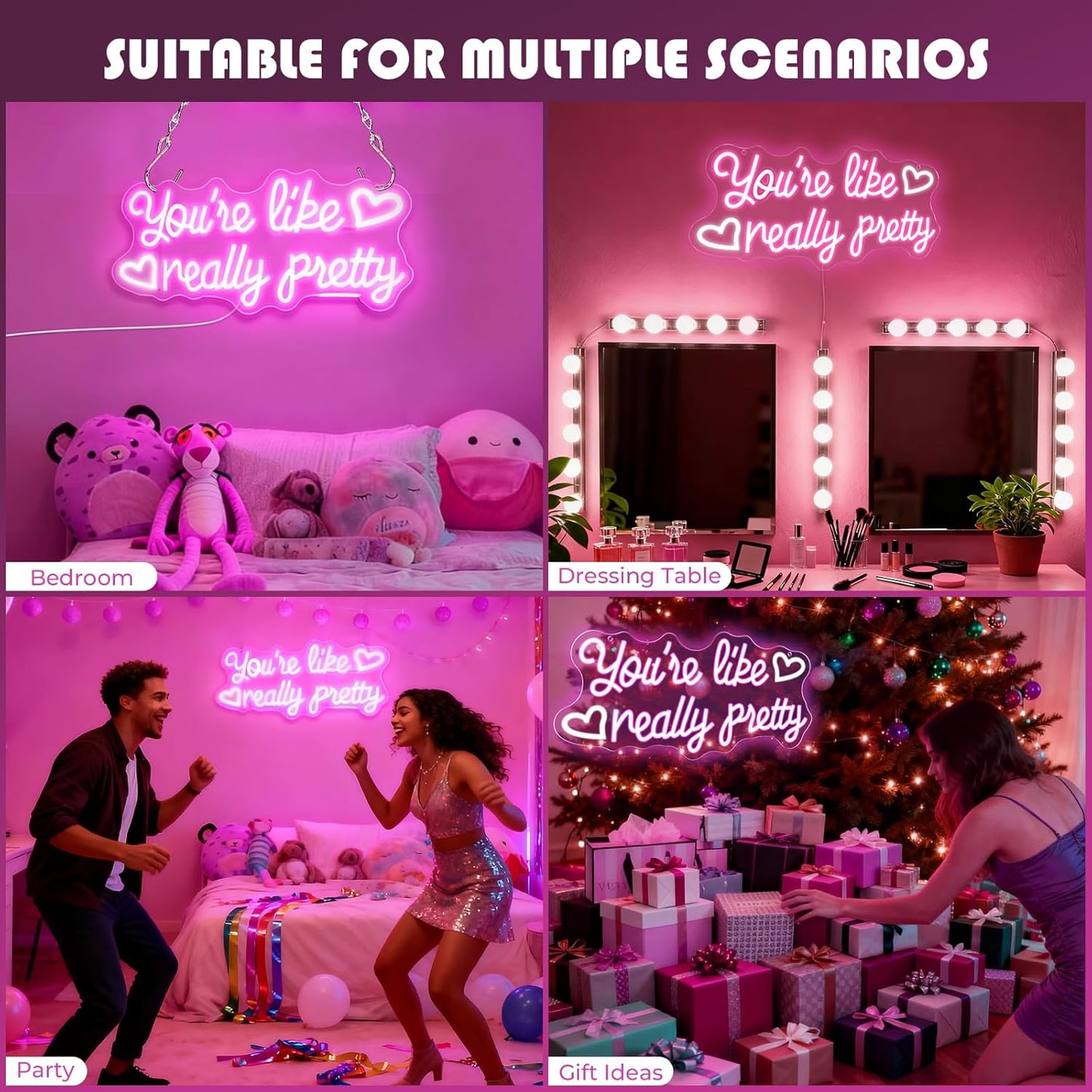You're Like Really Pretty Neon Sign, 16.5 * 7.8 Inches Led Sign, Neon Signs for Wall Decor with Dimmable Switch, USB Power Light up Sign, Pink Neon Lights for Teen Girls Bedroom, Salon, Party