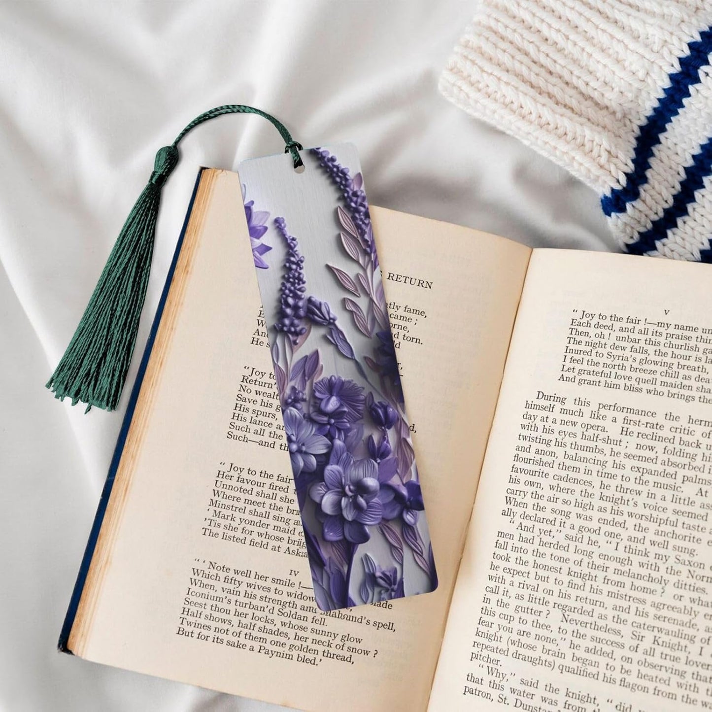 Purple Flowers Bookmarks Gifts for Women Men, Wooden Bookmarks for Book Lovers, Vintage Book Marks Ornaments with Tassel, Unique Personalized Reading Page Markers Dark Green