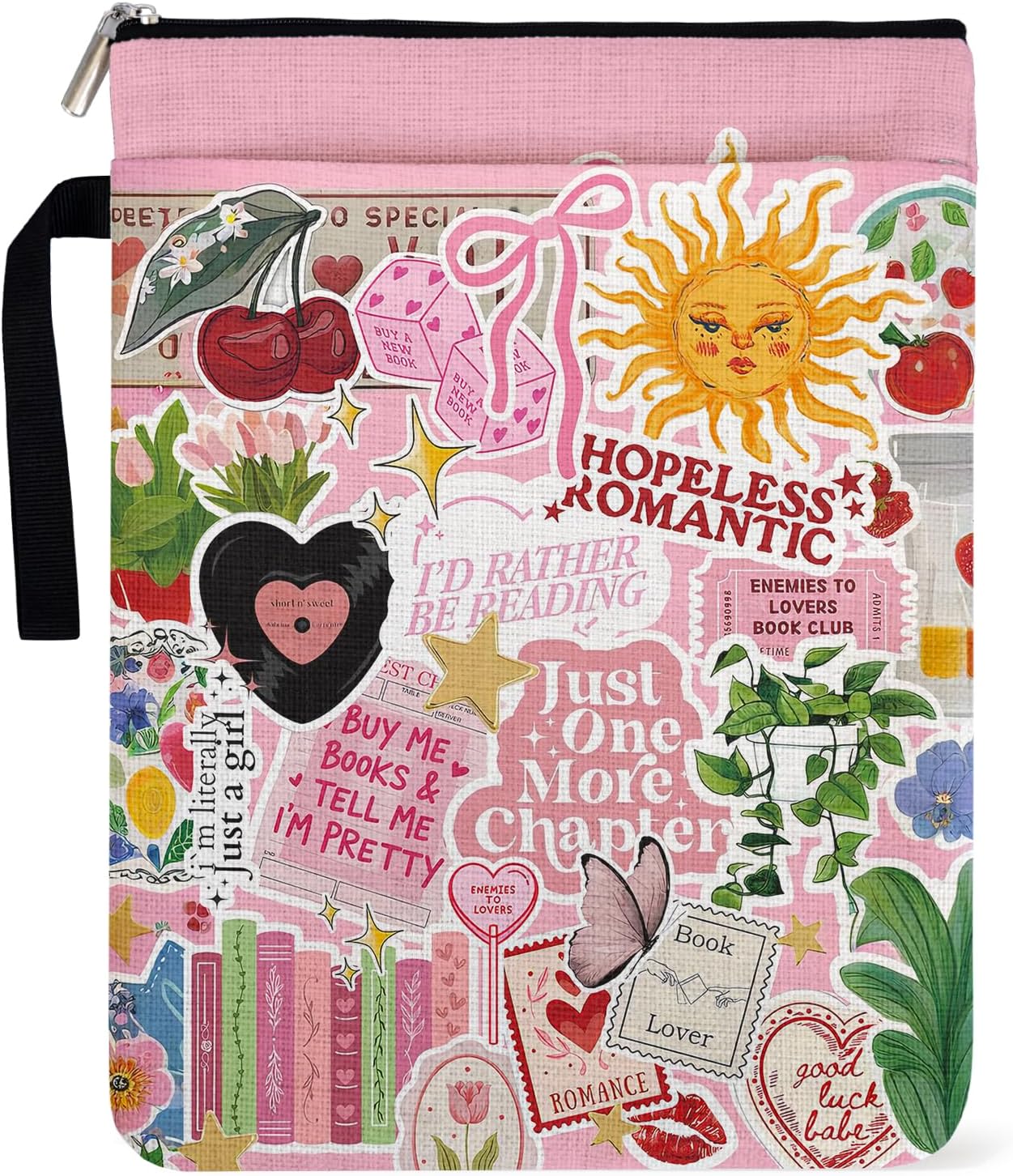 Just One More Chapter Y2K Book Sleeve for Women Book Lovers, Paperback Sleeve Gifts for Librarian Lovers Bookish Group Club, Book Cover with Zipper and Handle for Paperbacks 9 x 12 Inch