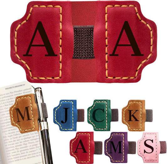 Personlized Magnetic Leather Bookmarks with Pen Holder, Customized Book Marks Clip 26 Letters Bookmark for Reading Women, Men, Cute Initials Book Markers for Book Lovers (Red, A)