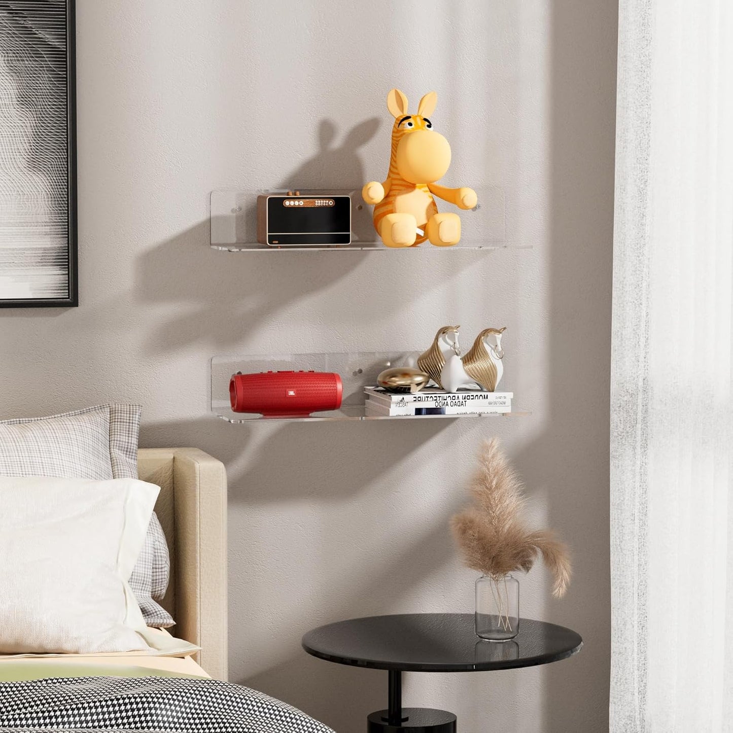 HANGE 4-Pack Clear Acrylic Floating Shelves, 12" Invisible Wall Mounted Shelves – Space-Saving Storage for Kids’ Books, Bathroom, Bedroom, Kitchen, Living Room – Modern Display Organizer