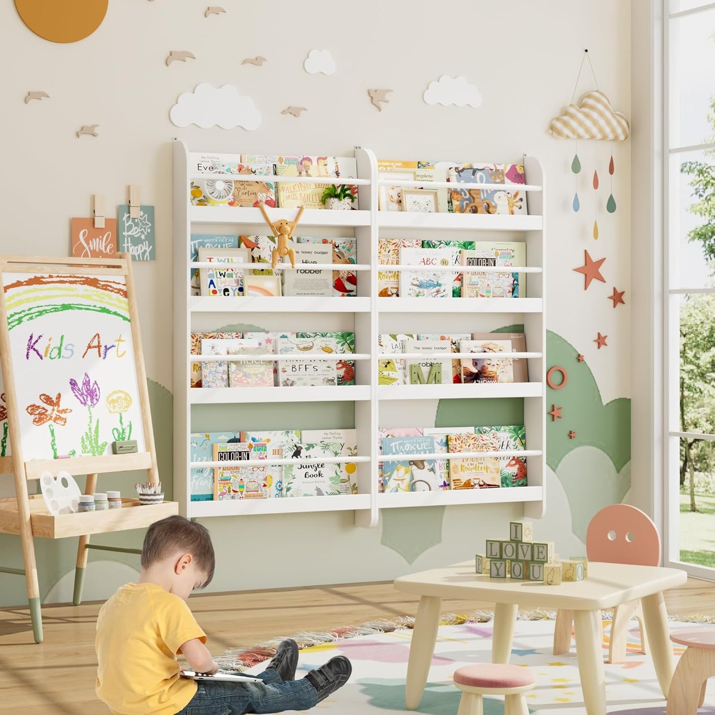FOTOSOK Kids Bookshelf, Wall Mount 4-Tier Book Shelf Organizer for Toys and Books, Toy Storage Bookshelf in Bedroom, Living Room and Nursery, White