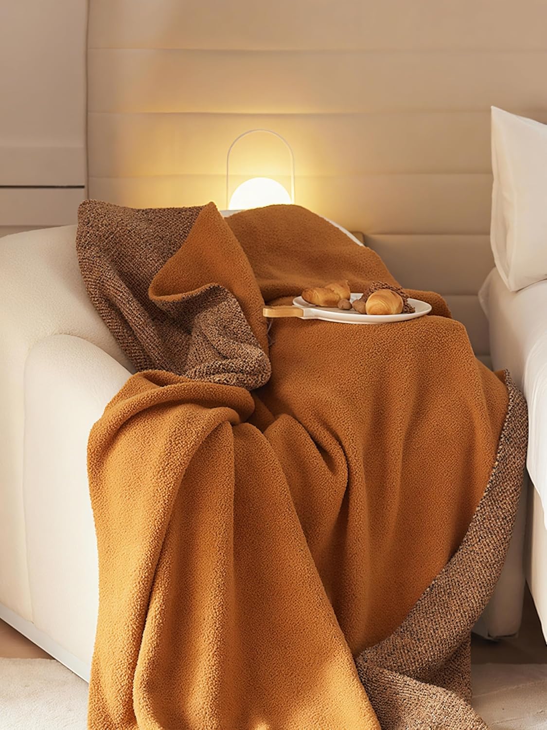 Burnt Orange Throw Blanket 50x70, Reversible Textured Fleece Blankets for Couch and Bed, Soft Warm Decorative Cozy Sofa Blanket for All Seasons