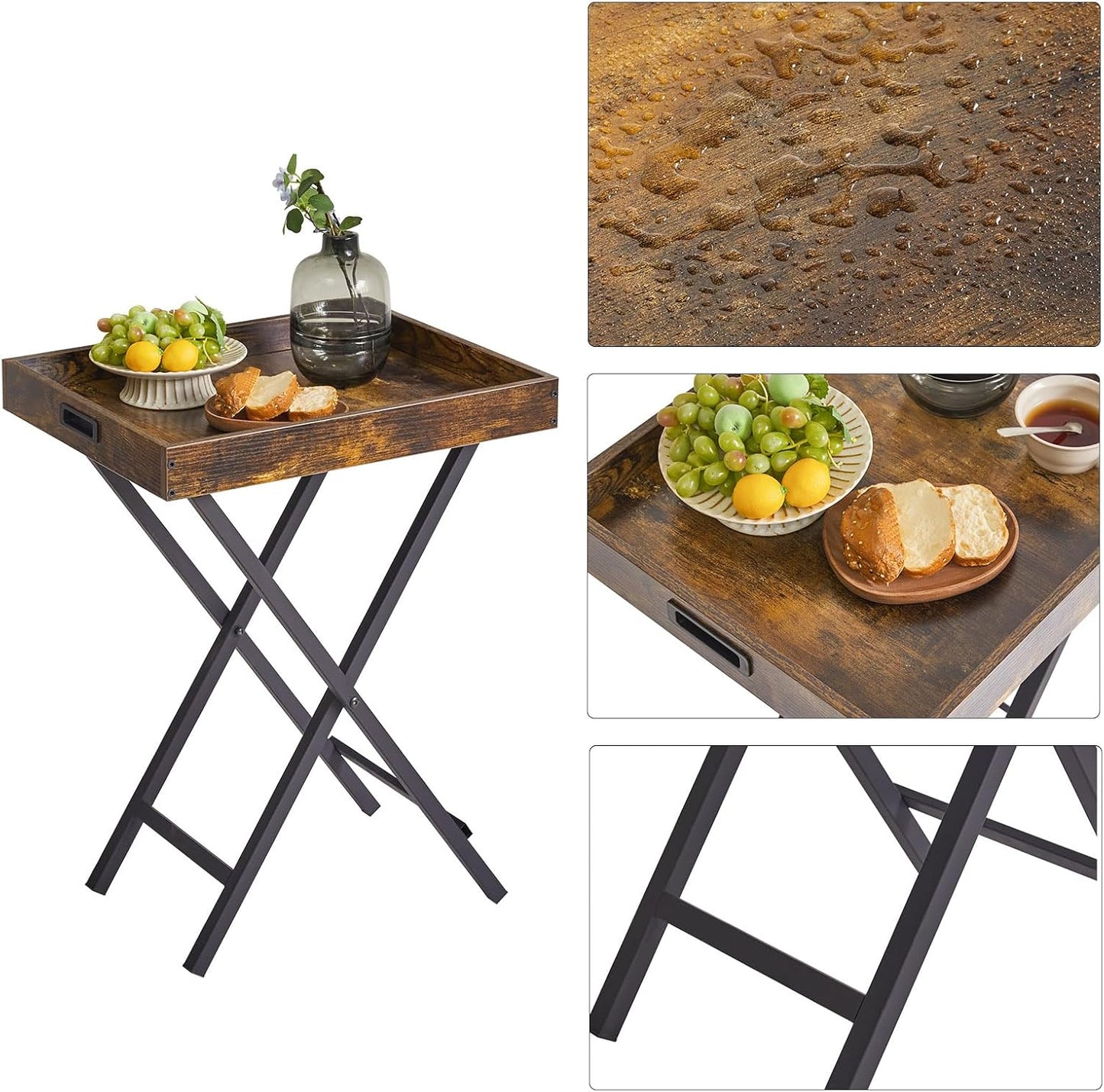IBUYKE Foldable TV Tray Set of 2 TV,End Table with Removable Food Serving Tray,Portable Wooden Snack Table for Livingroom, Bedroom, Office, Camping,Rustic Brown, UTVT001H