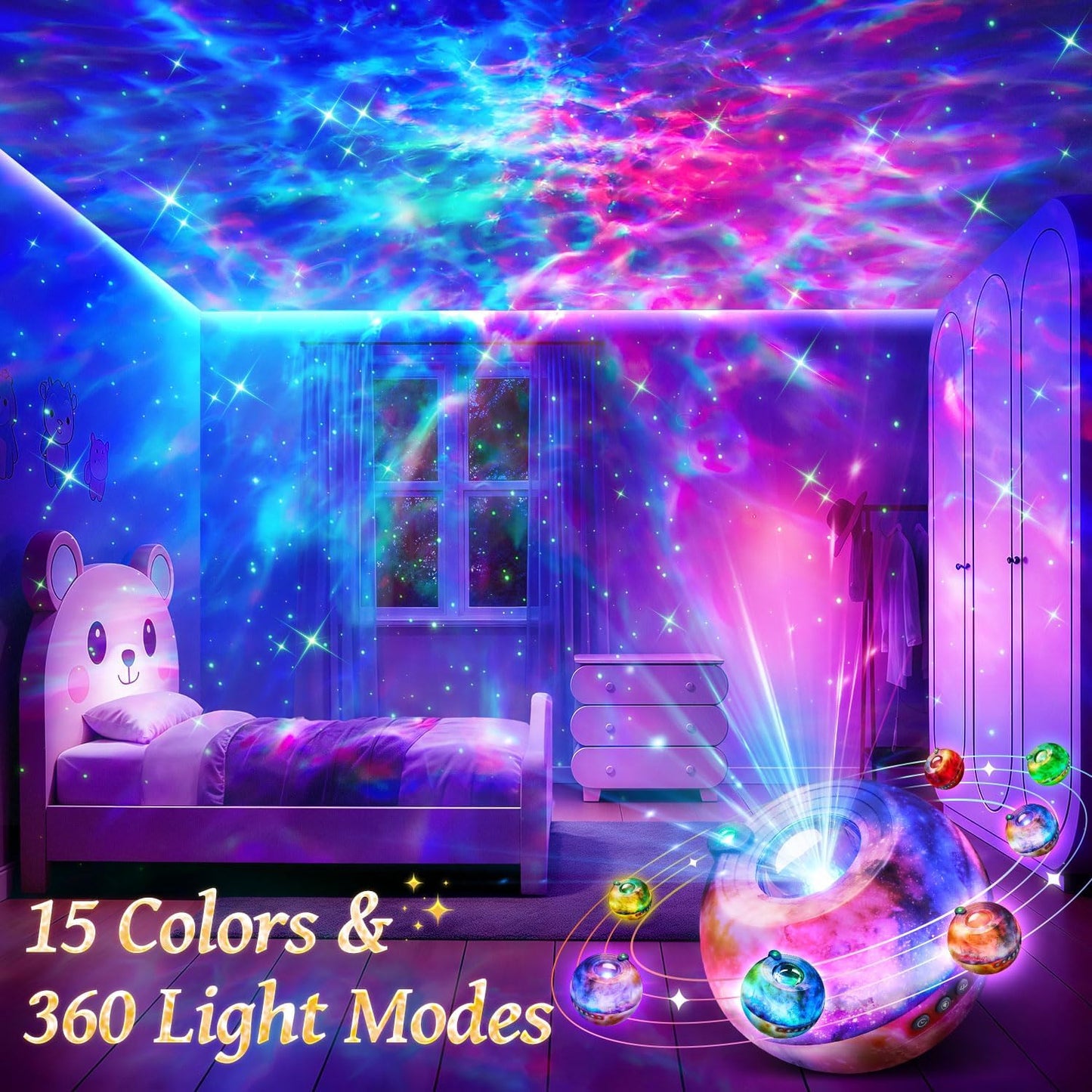 Galaxy Projector for Bedroom,15-Color Galaxy Light Projector Star Projector for Kids Night Light Projector Night Light for Kids,Remote 15 White Noise Sound Machine Ceiling Star Lights for Bedroom Gift