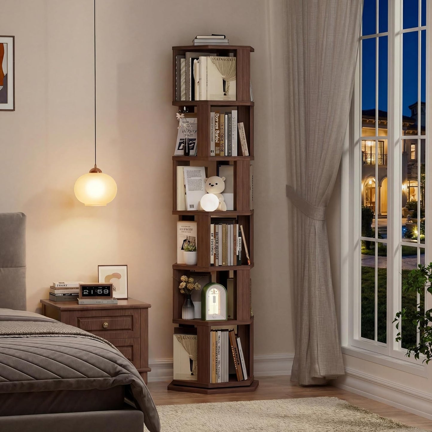 Rotating Bookshelf Tower, 6 Tier Spinning Book Shelf, Wood Round Revolving Bookcase, Narrow Rolling Bookshelves, Vertical Book Storage for Corner Small Spaces, Bedroom, Living Room,Walnut