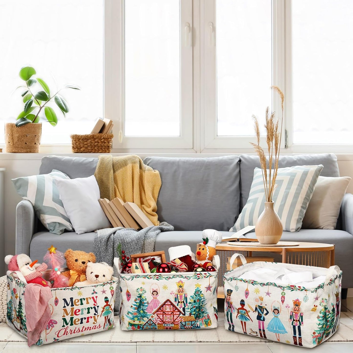 3 Pcs Christmas Nutcracker Baskets for Gifts Empty Christmas Tree Ballet Girl Soldier Storage Bin with Handle Fabric Storage Container Cube Box for Home Office Dorm Closet Shelf Organizer