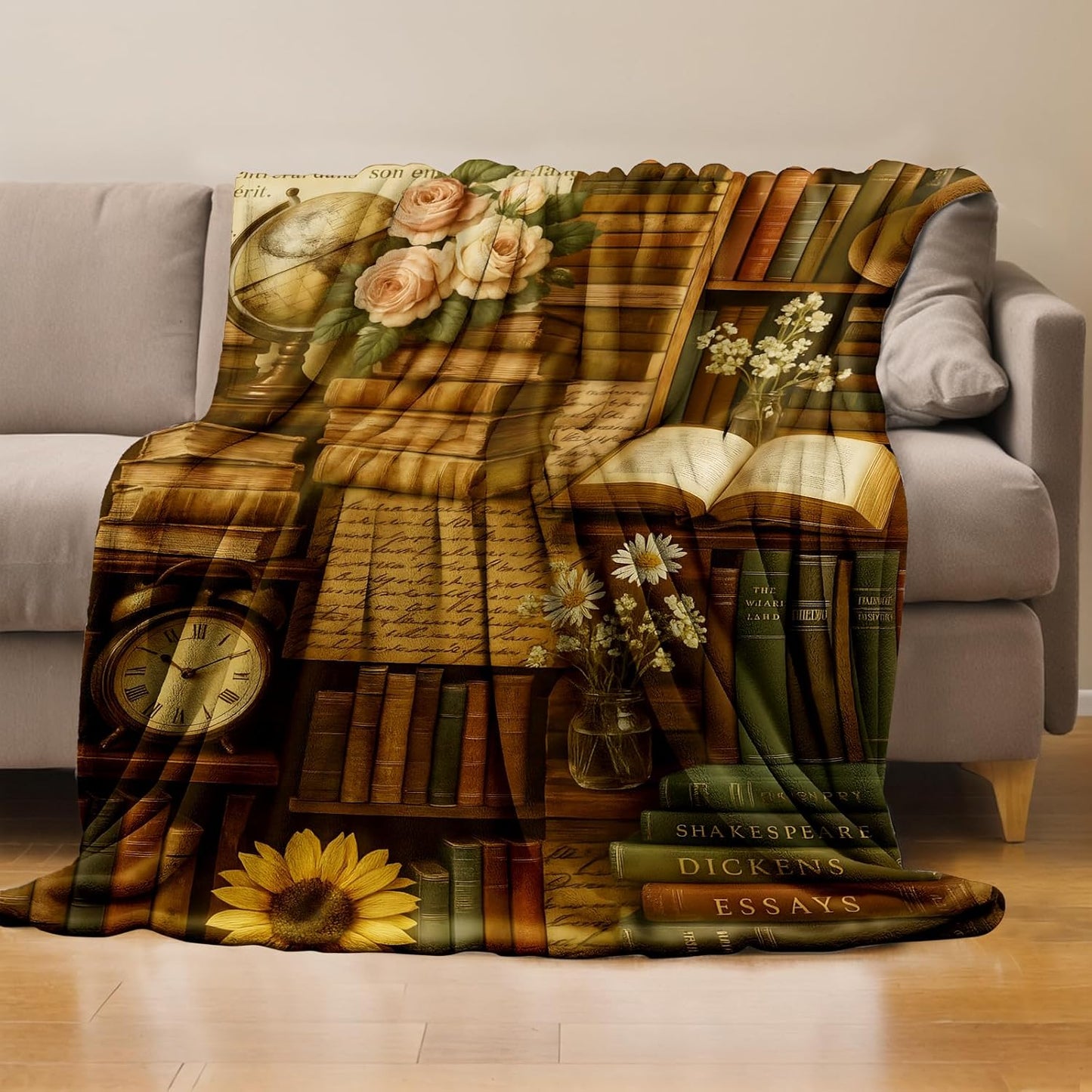 Vintage Book Lover Throw Blanket Gifts for Boys Girls Kids Adults, Rustic Library Flannel Blankets for Travel Sofa Living Room Decor 50"X60"