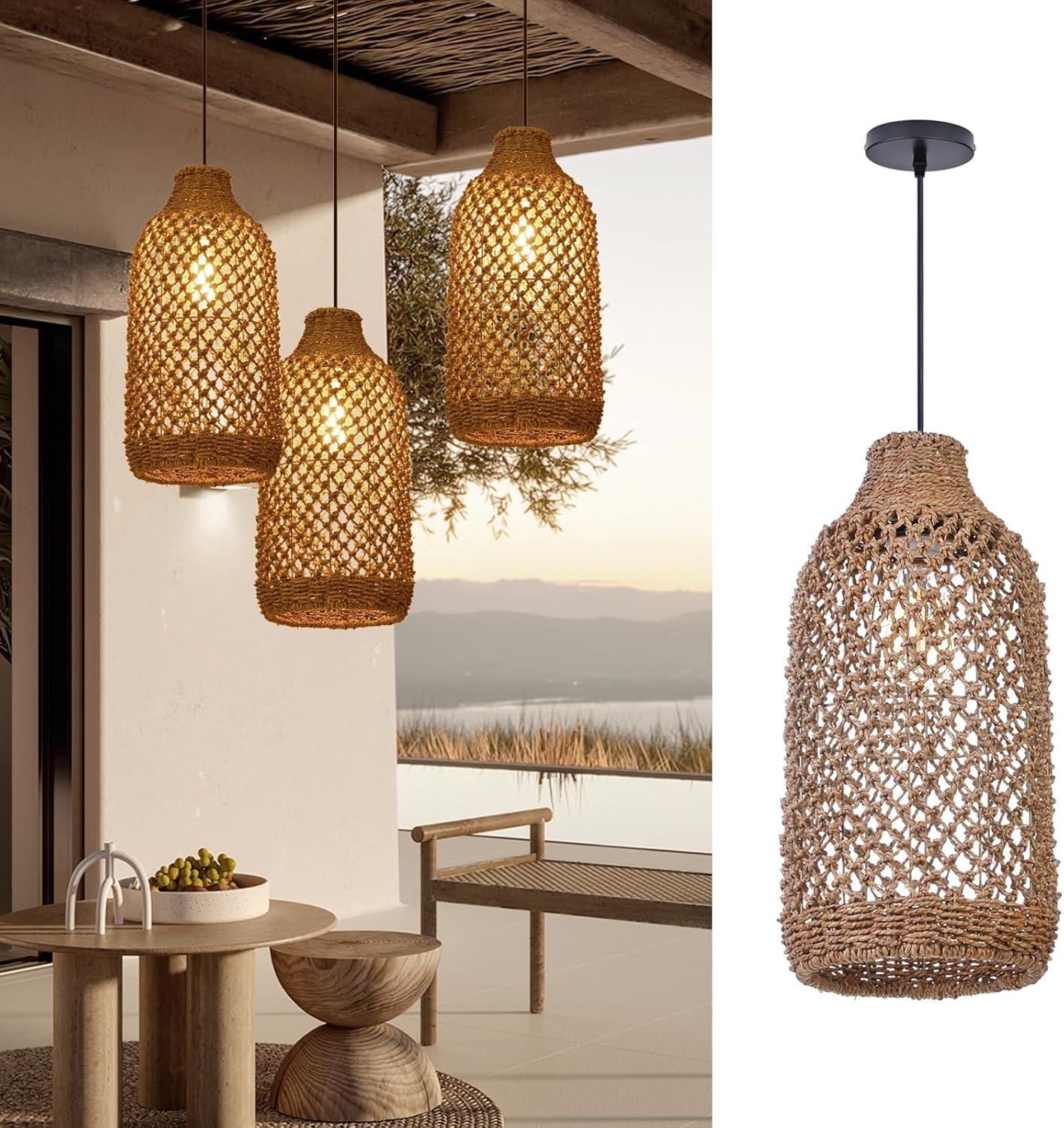 Arturesthome Boho Rattan Pendant Light Fixtures, Farmhouse Natural Ceiling Chandelier Lighting,Retro Wicker Hanging Lamp for Kitchen Dining Room 8.6"*19.6"